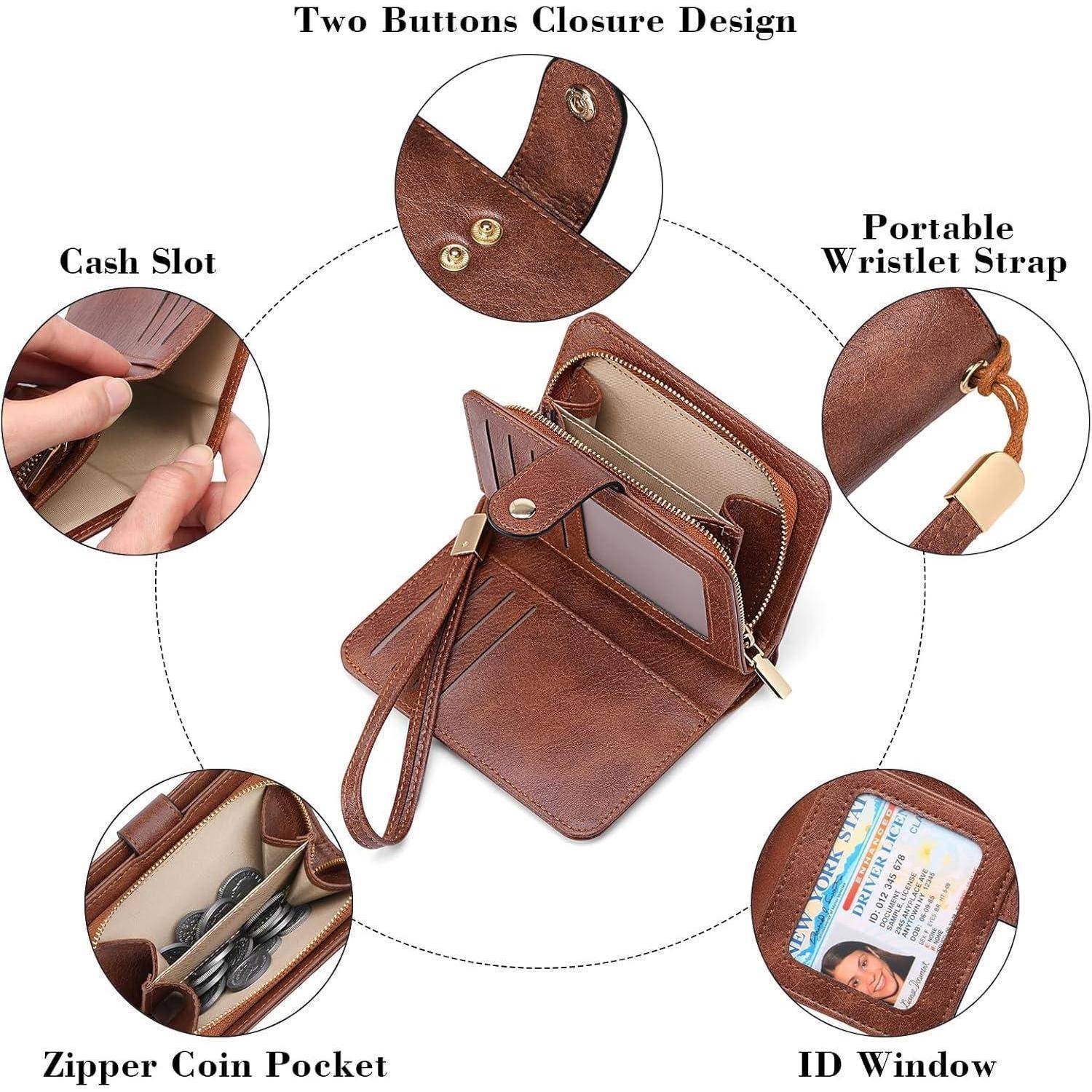Ein brauner Ledergeldbeutel mit Handgelenkschlaufe, Zwei-Knopf-Verschluss, Geldscheinfach, Reißverschluss-Münztasche und ID-Sichtfenster. Bietet flexiblen Stauraum.
