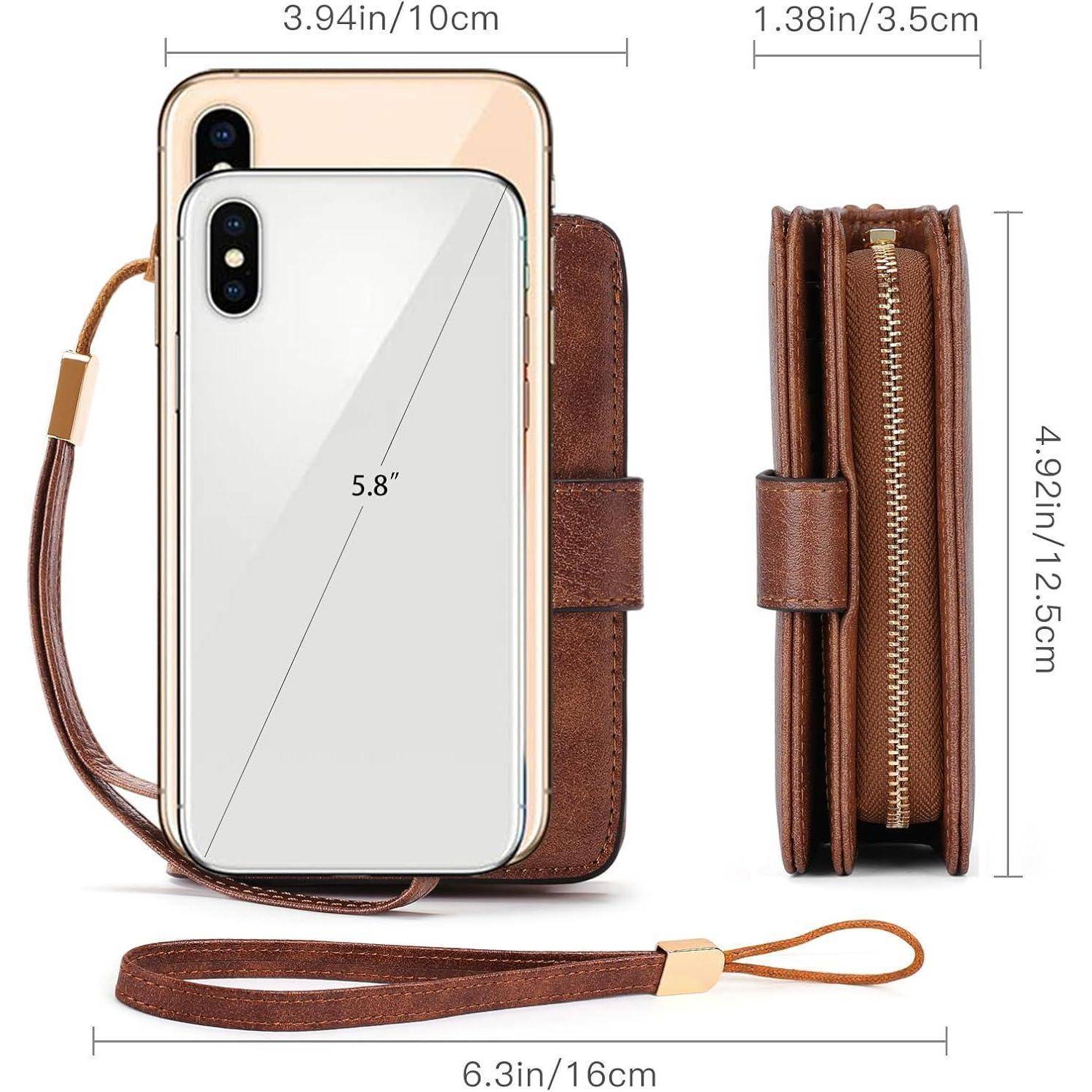 Zwei Telefone und ein brauner Brieftaschenkoffer mit Handgelenkschlaufe; Abmessungen wie folgt: Telefongröße 5,8 Zoll, Brieftasche 4,92 x 3,94 Zoll.