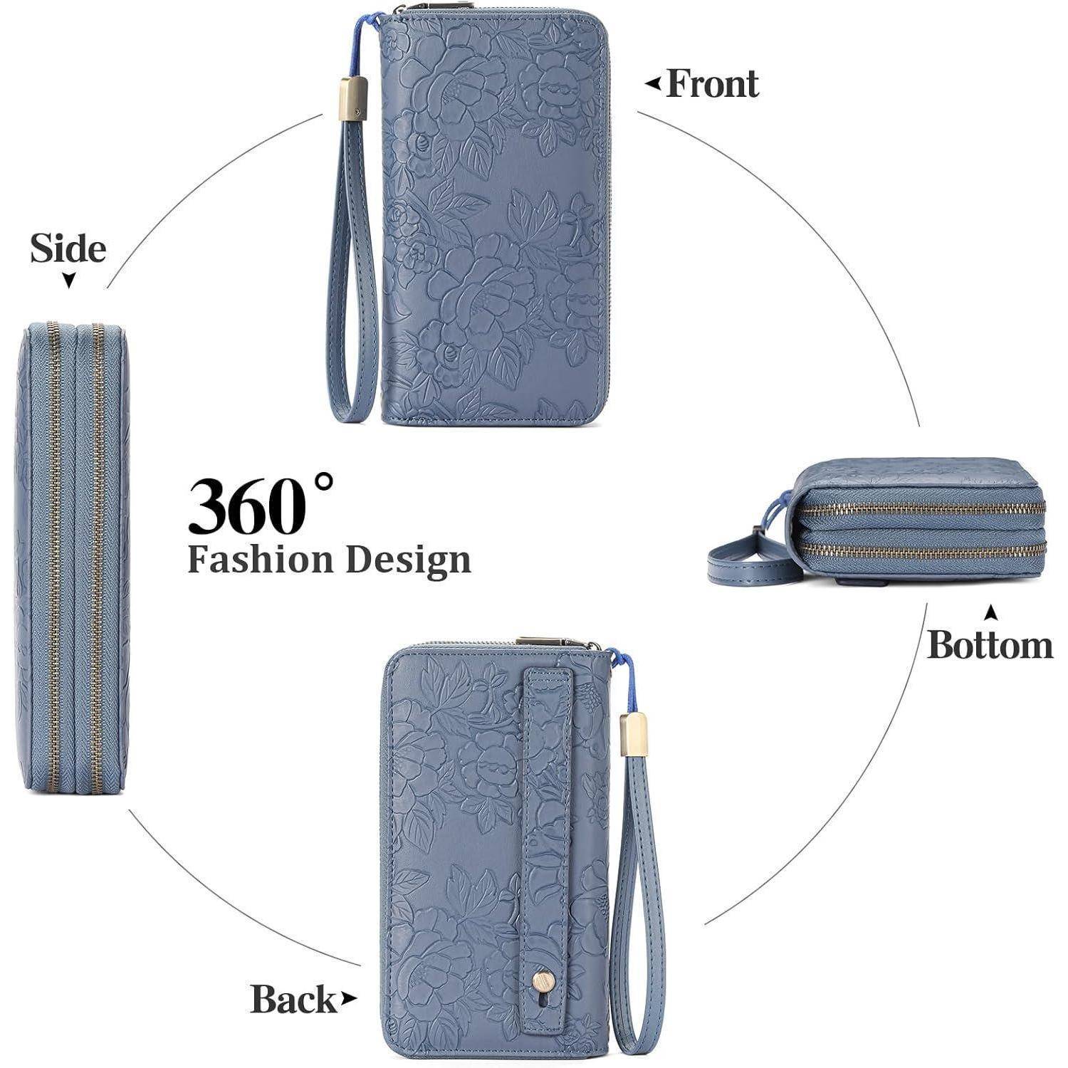 Blaue Damen-Geldbörse mit Blumenmuster und Handgelenkschlaufe, dargestellt von vorne, der Seite und von unten. Als '360° Fashion-Design' beschrieben.