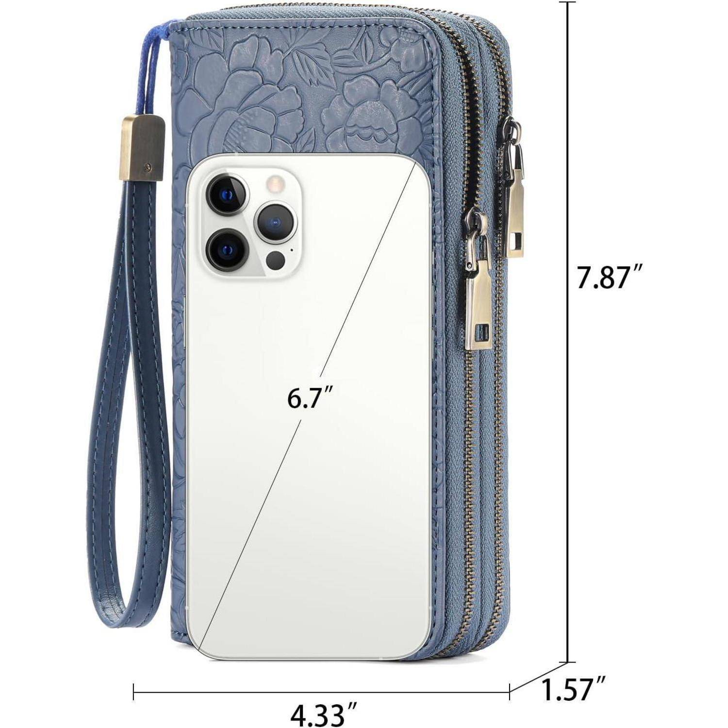Ein blauer Reißverschlussbrieftasche mit Blumenmuster enthält ein Smartphone. Abmessungen: 20 cm hoch, 11 cm breit, 4 cm tief. Bildschirmgröße des Handys: 6,7 Zoll.