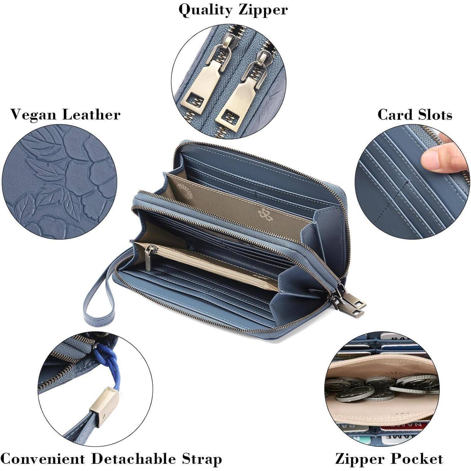 Eine blaue Geldbörse mit hochwertigen Reißverschlüssen, Kartenfächern, Reißverschlussfach, praktischem abnehmbaren Riemen, aus veganem Leder.