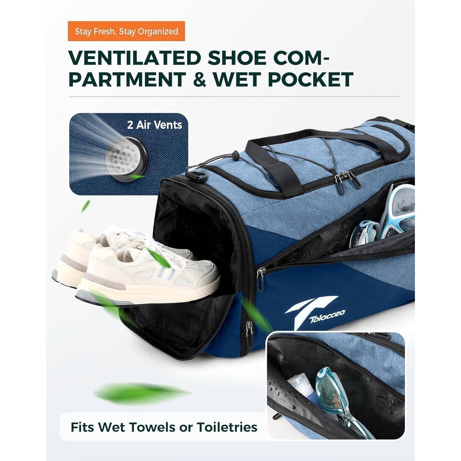 Eine blaue Reisetasche mit einem belüfteten Schuhfach, das zwei Luftventile und eine Nasstasche zeigt. Enthält Abbildungen von Schuhen und Toilettenartikeln im Inneren.