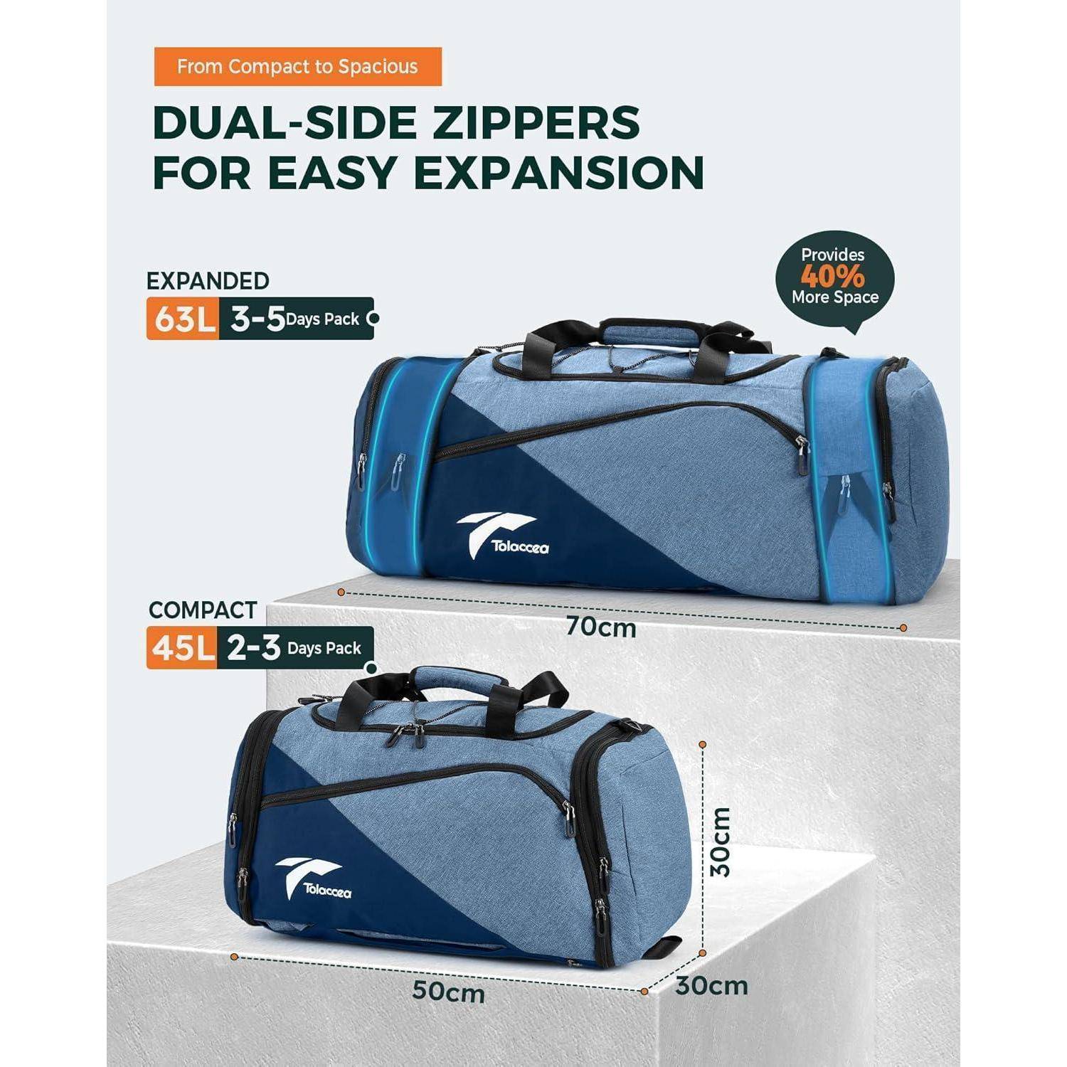Zwei Reisegepäckstücke werden präsentiert: einer kompakt (45L, 2-3 Tage Pack, 50cm x 30cm x 30cm) und einer erweitert (63L, 3-5 Tage Pack, 70cm x 30cm x 30cm), mit hervorgehobenen Reißverschlüssen an beiden Seiten für einfache Erweiterung.