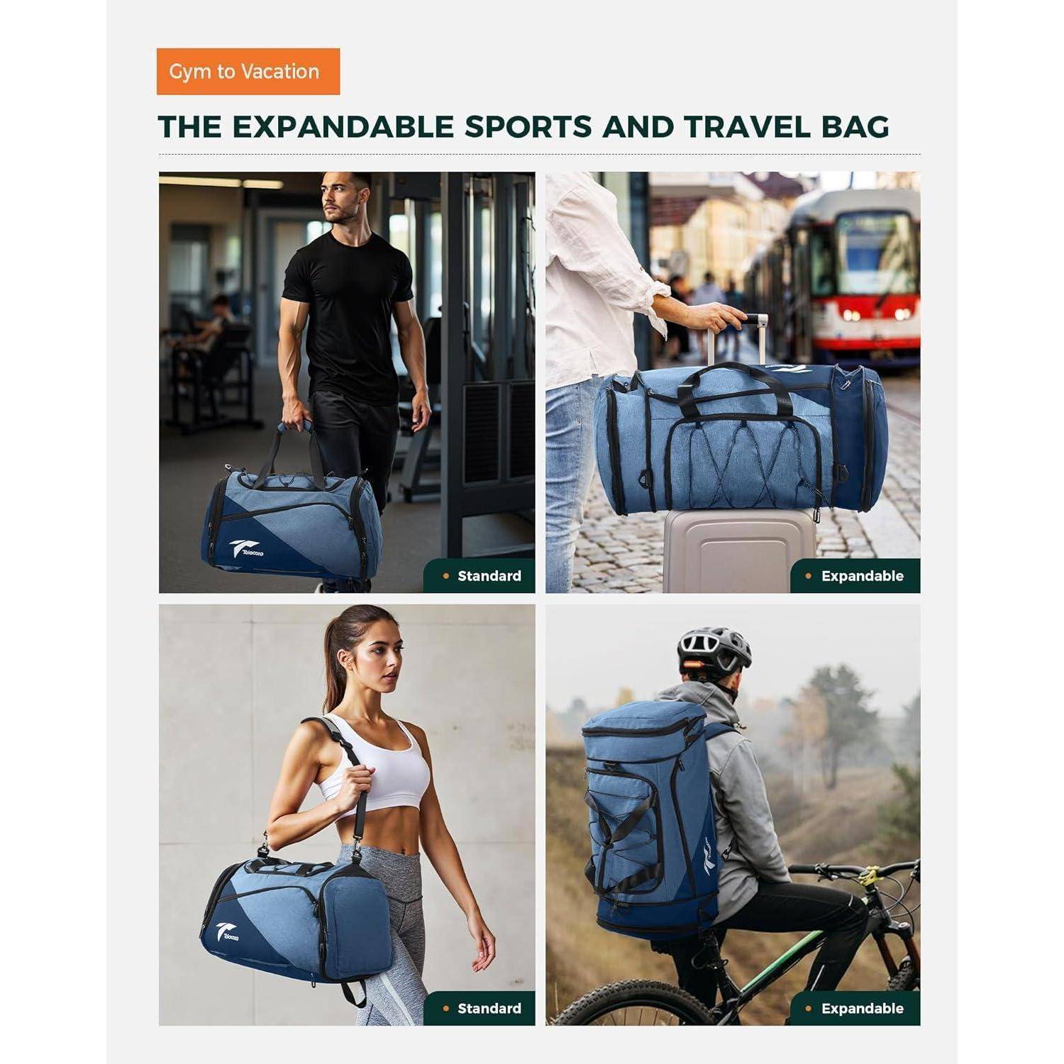 Das Bild zeigt vier Szenarien einer blauen Sport- und Reisetasche mit der Beschriftung ‚Standard' oder ‚Erweiterbar', die in verschiedenen Umgebungen wie Fitnessstudio und Reise verwendet wird.