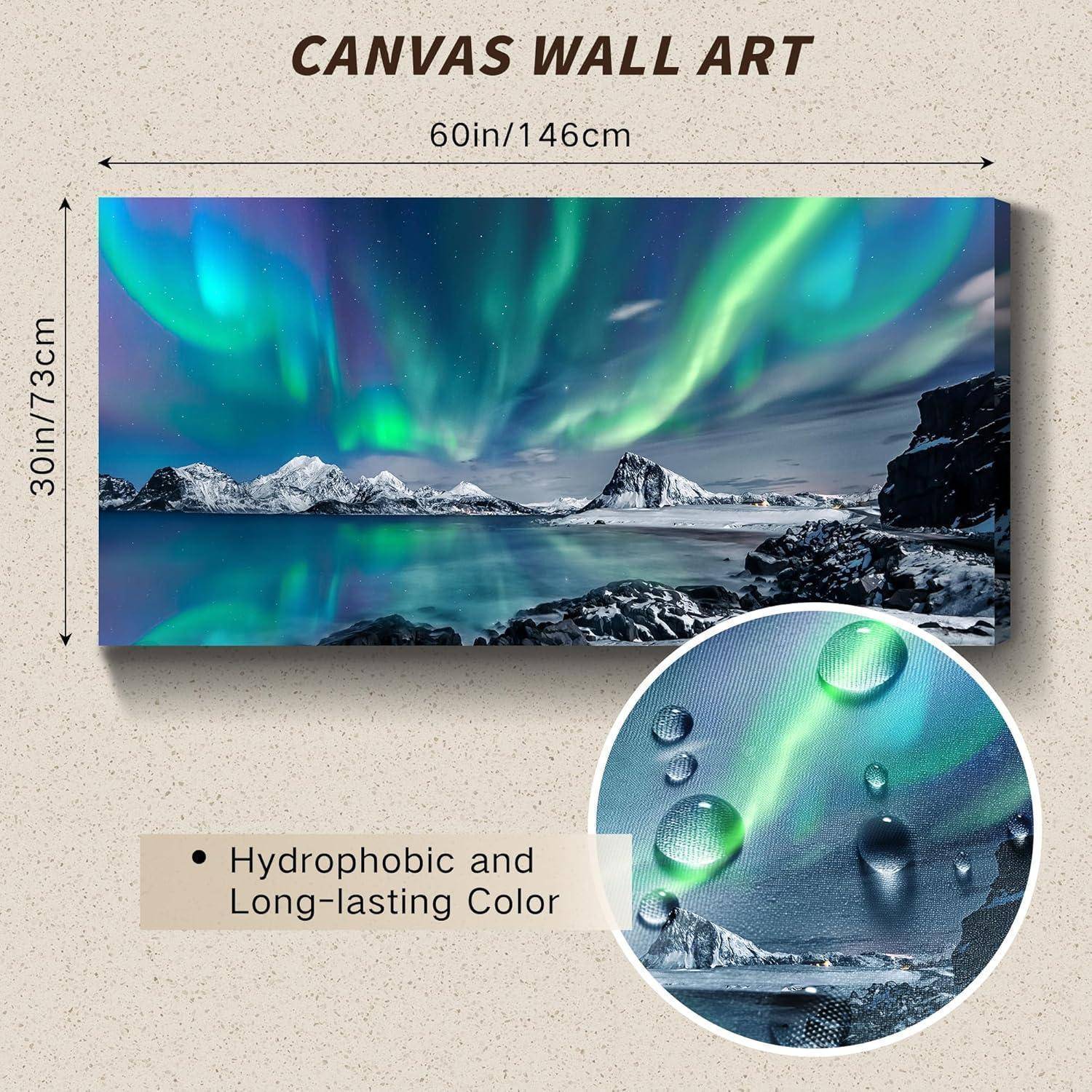 Leinwand-Wandkunst mit lebhafter Polarlichter-Darstellung über schneebedeckten Bergen und einem See. Text: ‚Wasserabweisend und langanhaltende Farbe'. Größe: 60 Zoll/146 cm x 30 Zoll/73 cm.