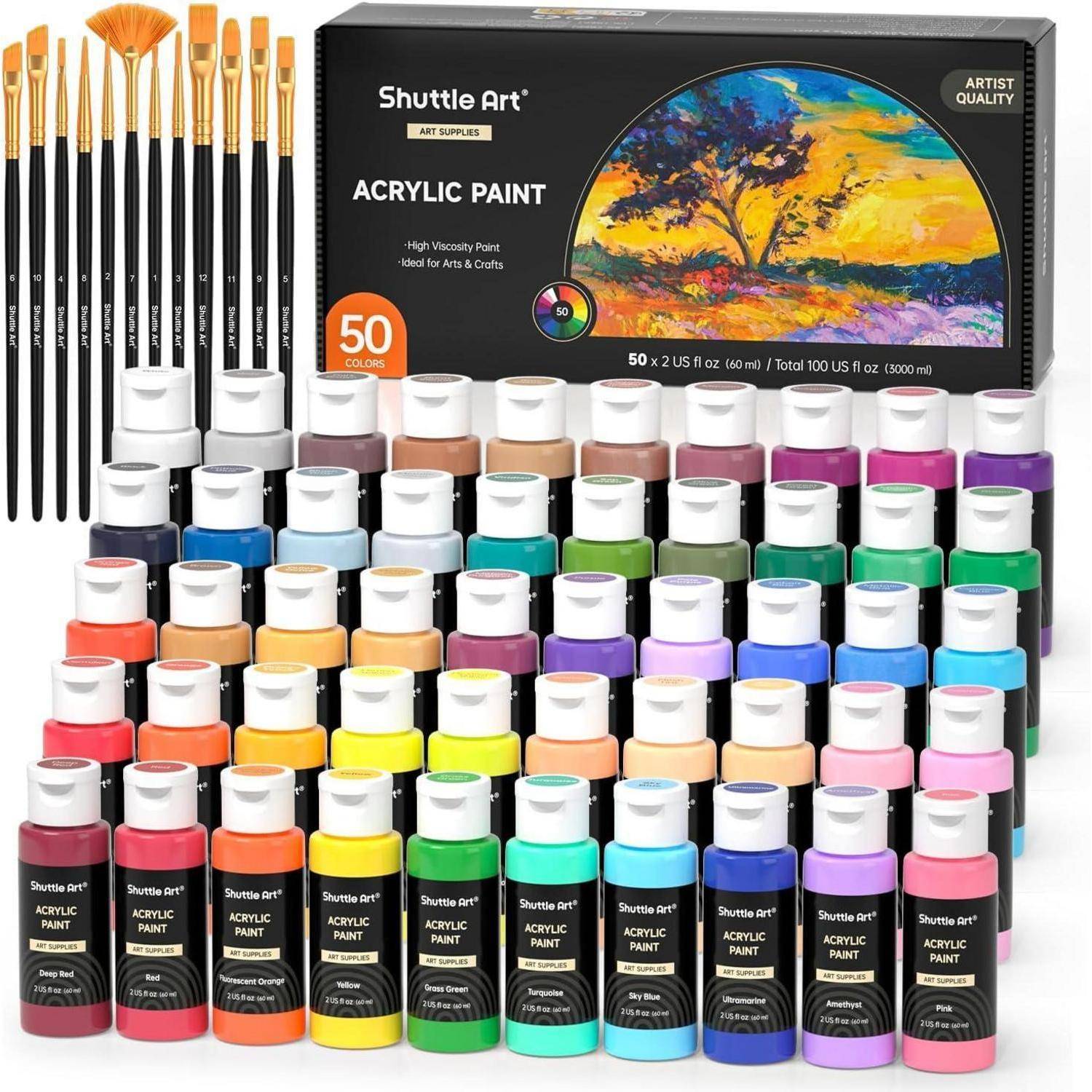 Arts & Crafts' von Shuttle Art präsentiert 50 Acrylfarben mit 15 Pinseln. Beworben als 'Künstlerqualität' für vielseitigen Einsatz.