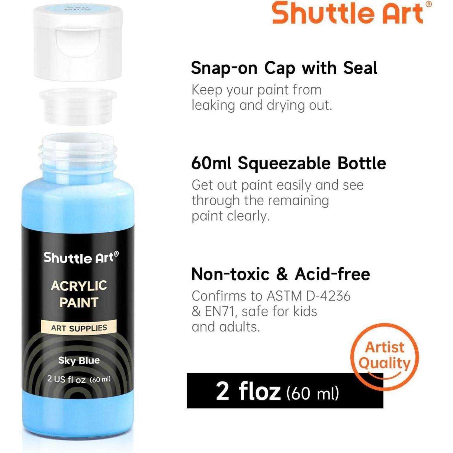Shuttle Art Acrylfarbe.' Blaue Farbflasche mit Schnappdeckel. Nicht giftig, säurefrei, ASTM- und EN71-konform, 2 fl oz/60 ml.