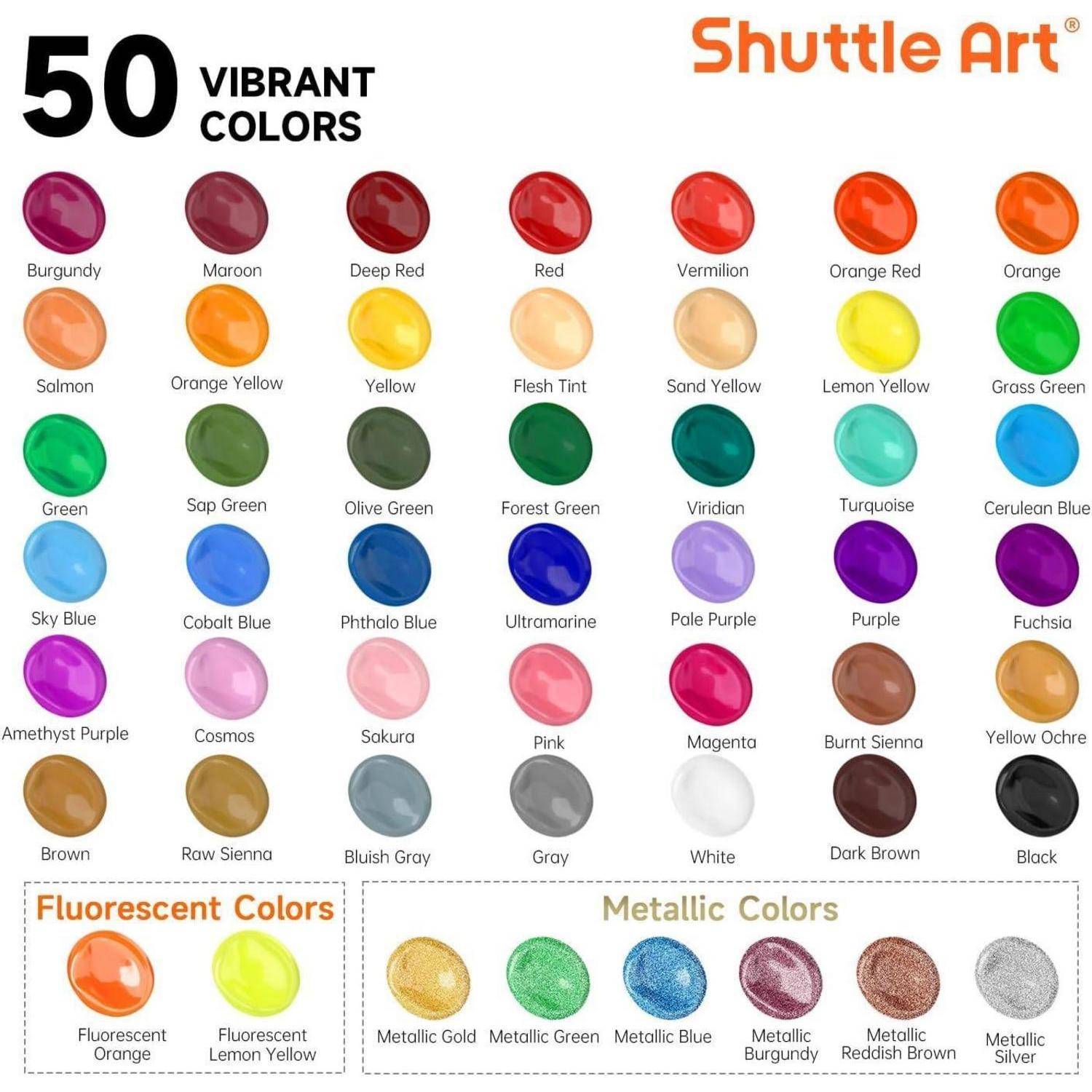 50 Leuchtende Farben: Verschiedene Schattierungen einschließlich Rot, Grün, Blau und Metallfarben. Enthält Neon- und Metallic-Kategorien. Shuttle Art Markenzeichen.