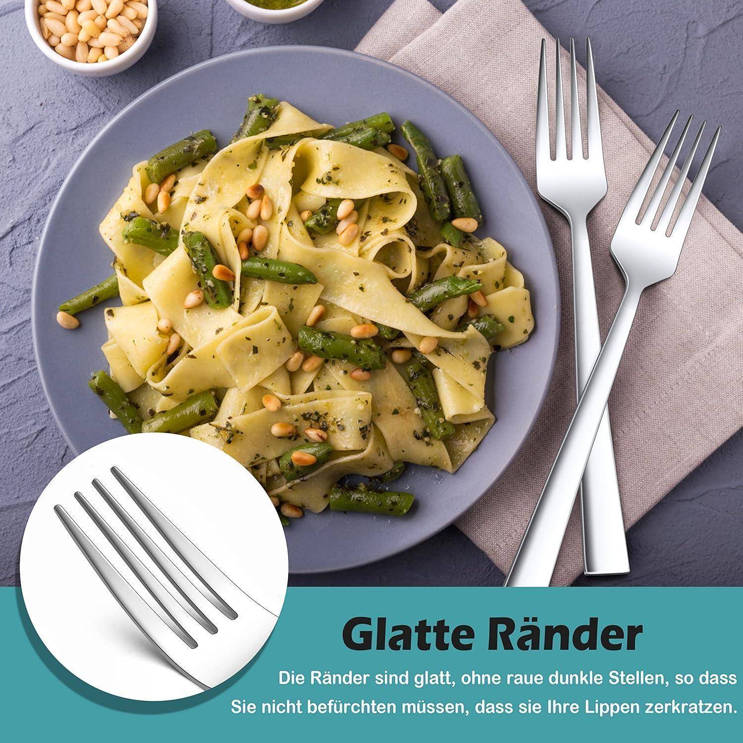 Pasta mit grünen Bohnen und Pinienkernen auf einem Teller. Text auf Deutsch bewirbt Besteck mit 'Sanften Kanten', mit Betonung auf Sicherheit und Komfort.