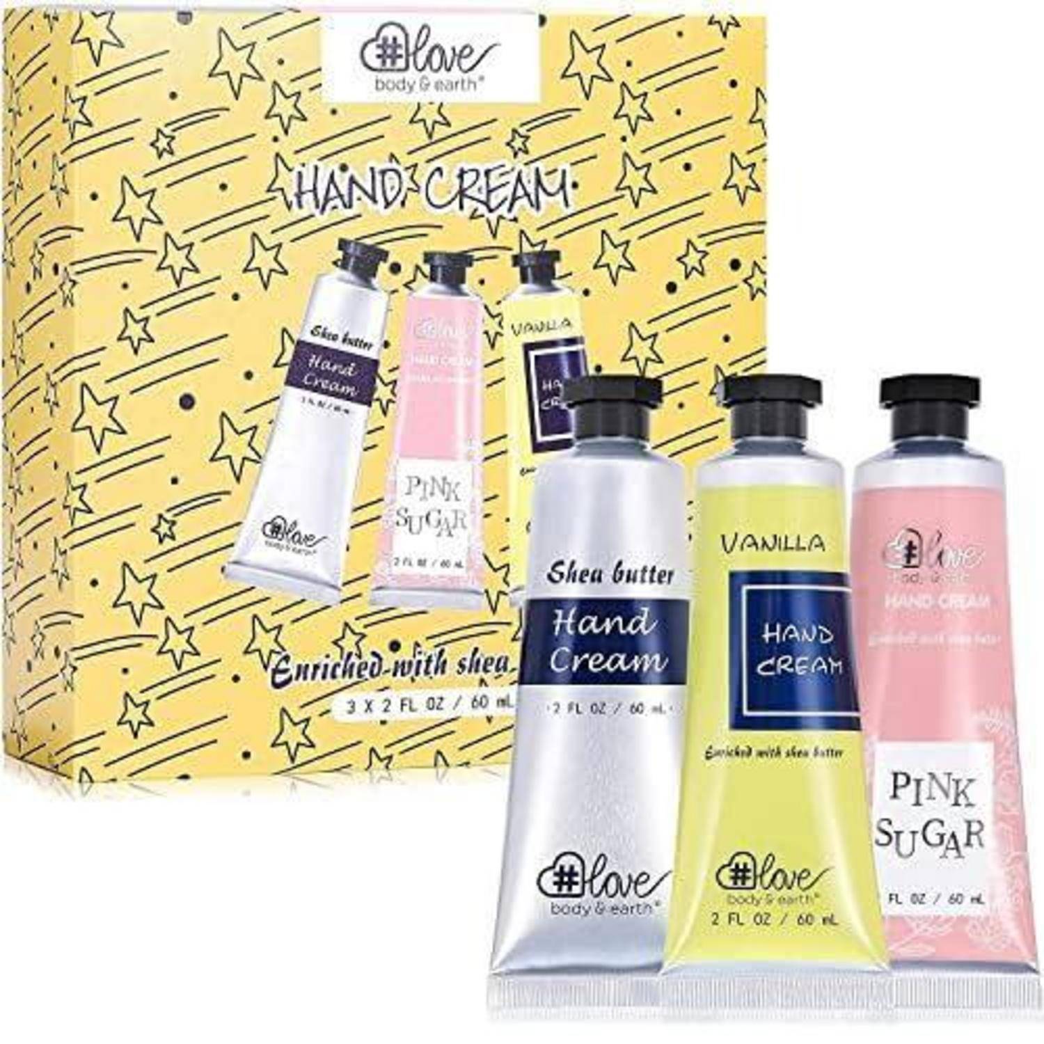 Handcreme-Set von Body & Earth mit drei Tuben: Sheabutter, Vanille und Pink Sugar. Verpackung mit Sternendesign, Größe 3x60 ml.