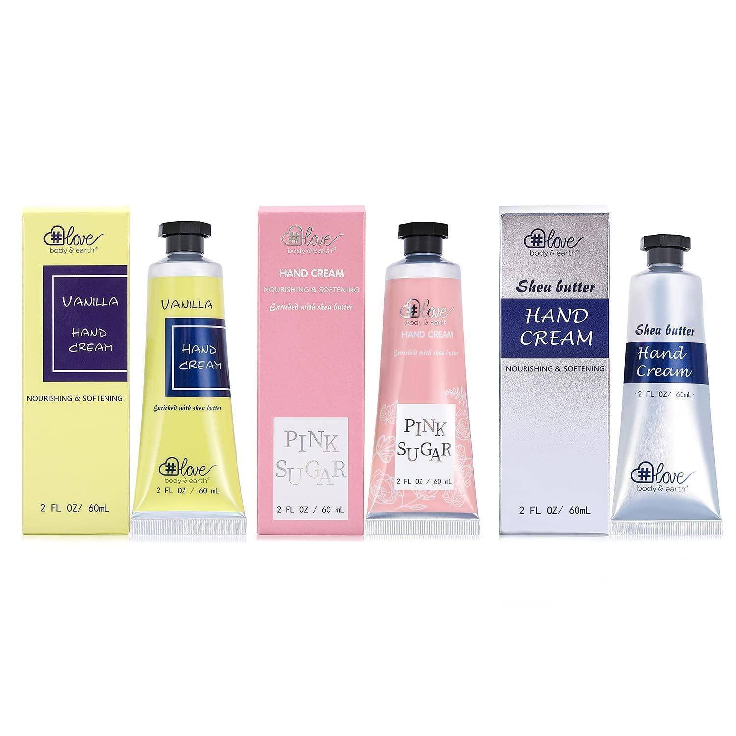 Drei Tuben Handcreme werden gezeigt: Vanille, Pink Sugar und Sheabutter. Jede hat eine charakteristische Verpackung, die die pflegenden Eigenschaften betont.