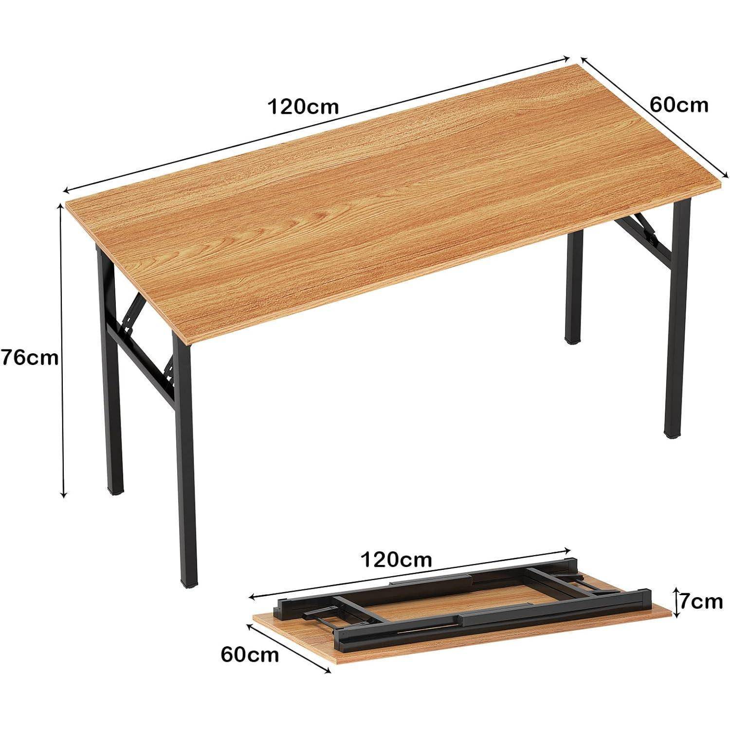 Klappbarer Holztisch, 120 cm Länge, 60 cm Breite, aufgestellt und geklappt gezeigt, mit schwarzen Metallbeinen, gefaltete Höhe 7 cm.