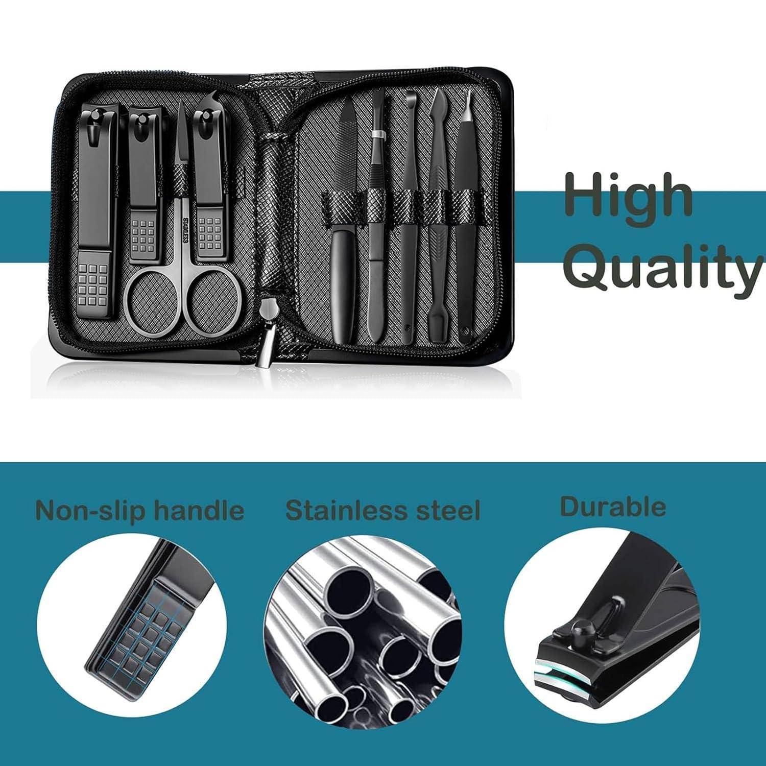 Maniküre-Set in einer schwarzen Tasche mit 'High Quality' Aufschrift. Ausgestattet mit Werkzeugen mit rutschfesten Griffen, aus Edelstahl gefertigt und mit robustem Design.