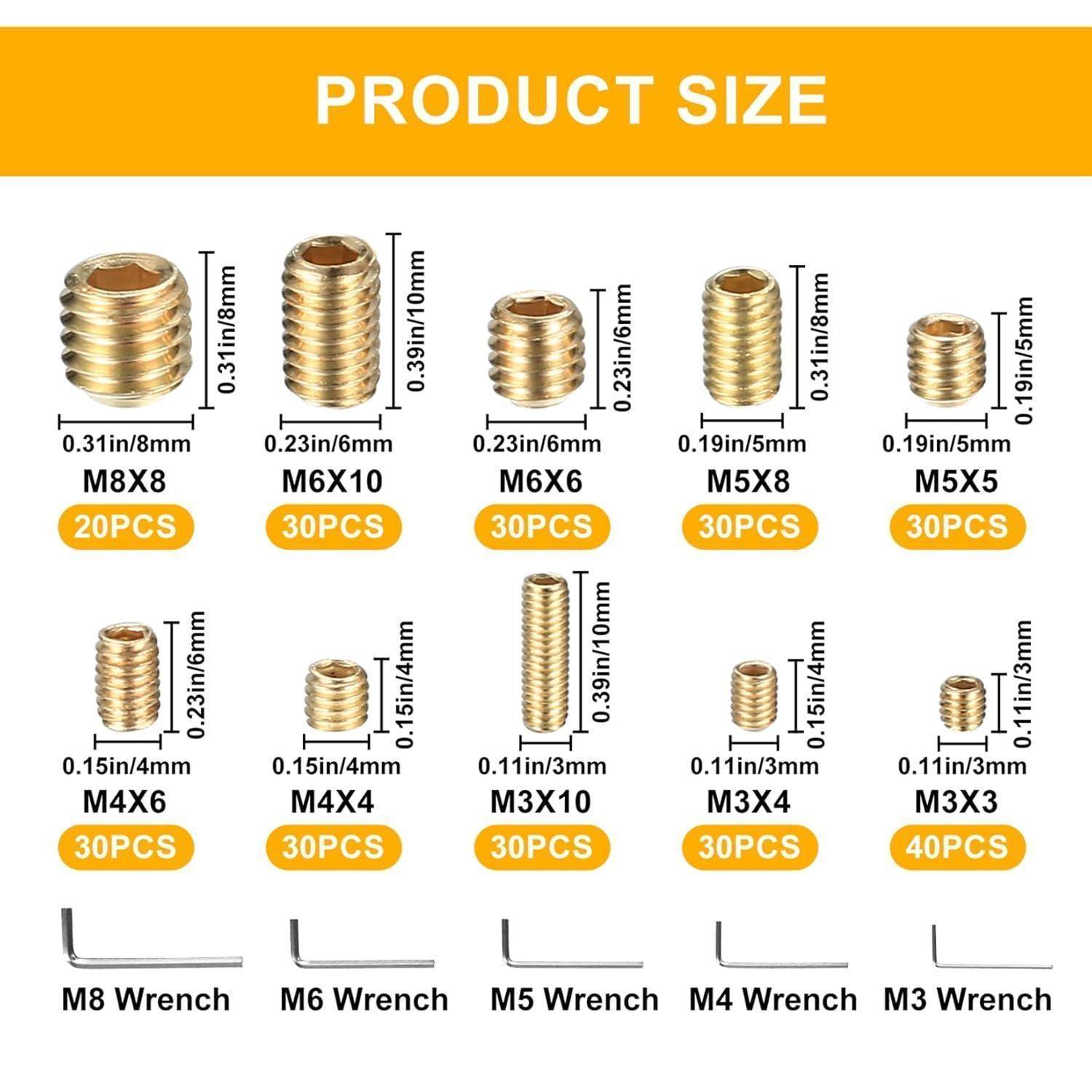 Größenführer für Gewindeeinsätze. Größen: M8x8, M6x10, M6x6, M5x8, M5x5, M4x6, M3x10, M3x6, M3x3. Zahlen zeigen Durchmesser/Länge des Einsatzes. 20 bis 40 Stück pro Größe. Inkludiert Werkzeuge M8, M6, M5, M4, M3 Schraubenschlüssel.