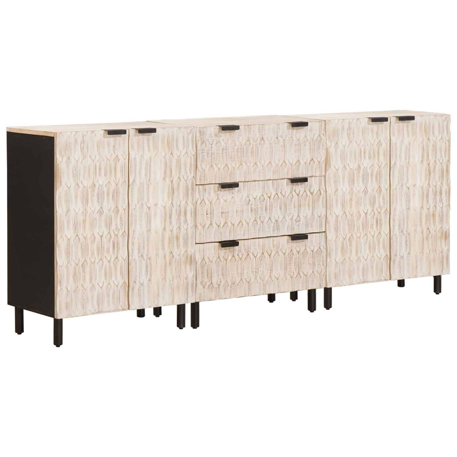Ein modernes Sideboard mit zwei Schränken und drei zentralen Schubladen, versehen mit einer strukturierten Holzoberfläche und minimalistischen schwarzen Beinen.