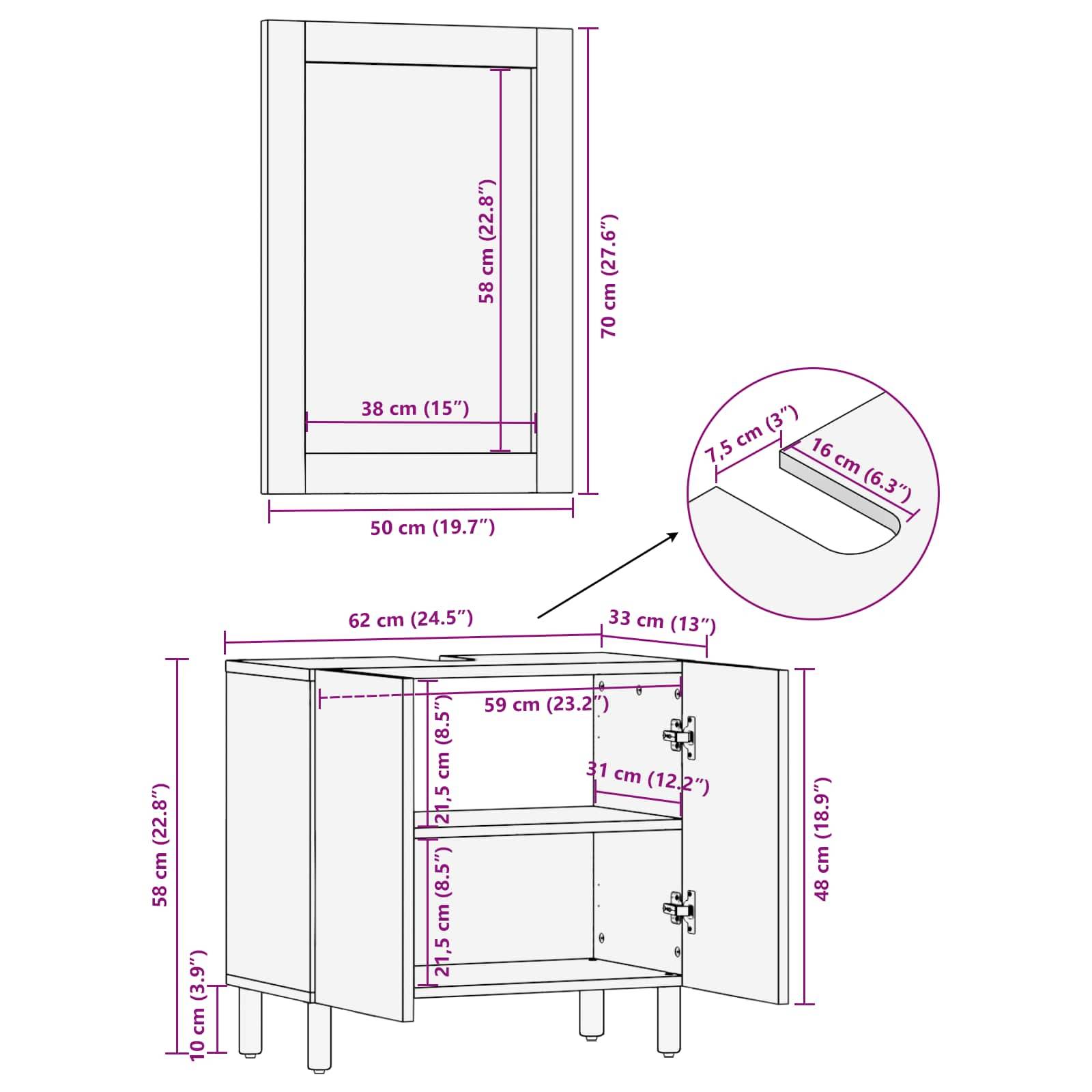 Diagramm mit Schrankabmessungen: Wandschrank ist 50 cm breit, 70 cm hoch; Bodenschrank ist 62 cm breit, 82 cm hoch; beinhaltet Maße für Regale und Innenräume.