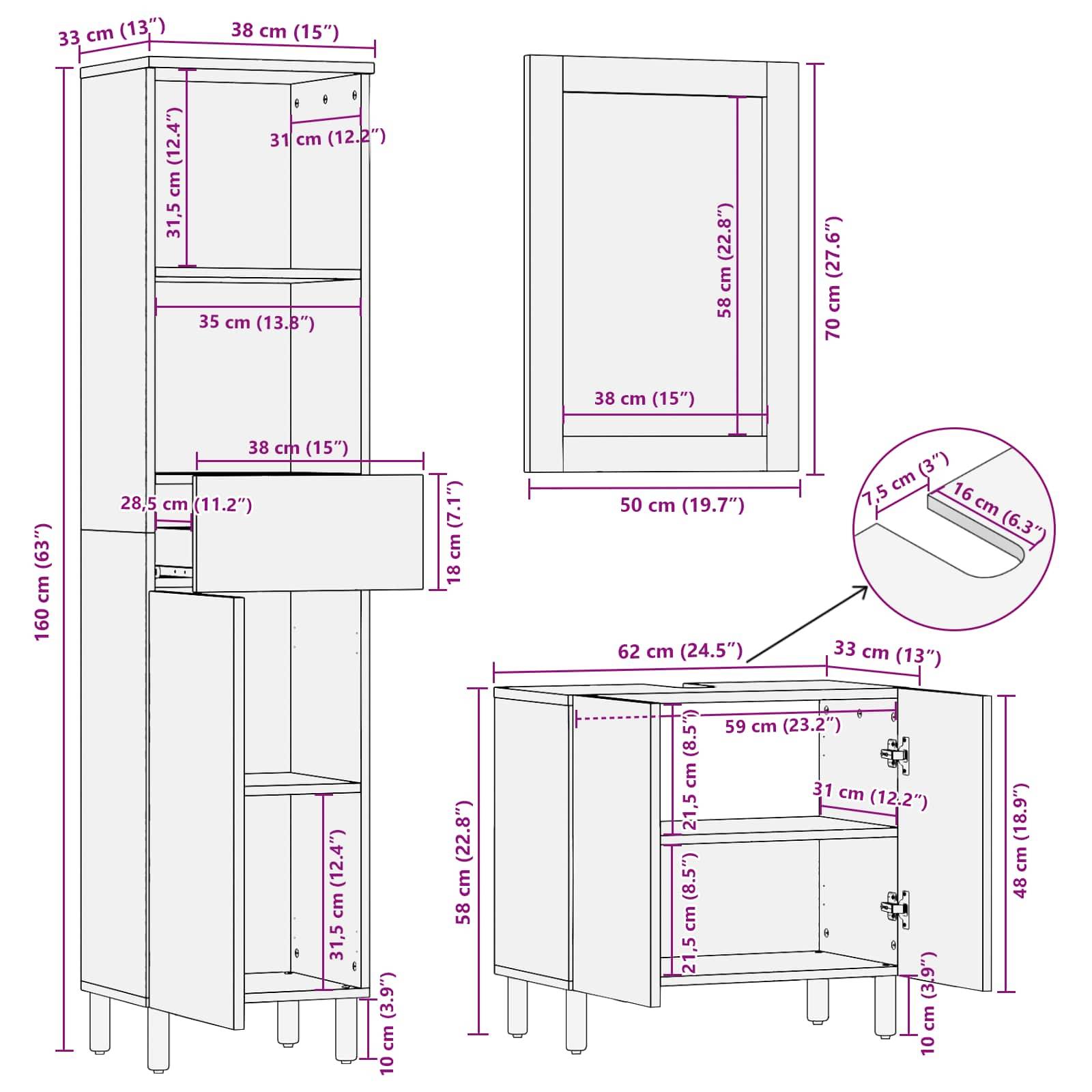 vidaXL Badezimmer Sets 3 pcs Akazie Braun Winish Massivholz Mango