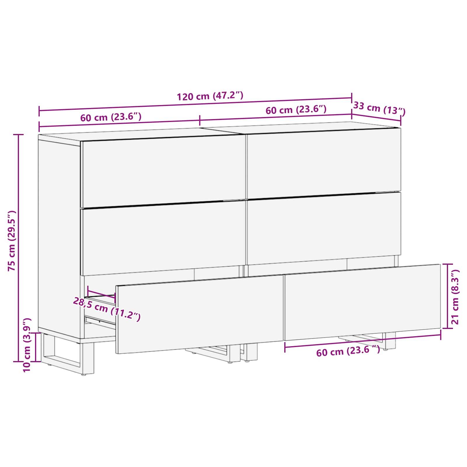 Kommoden-Abmessungen: Höhe 75 cm (29,5