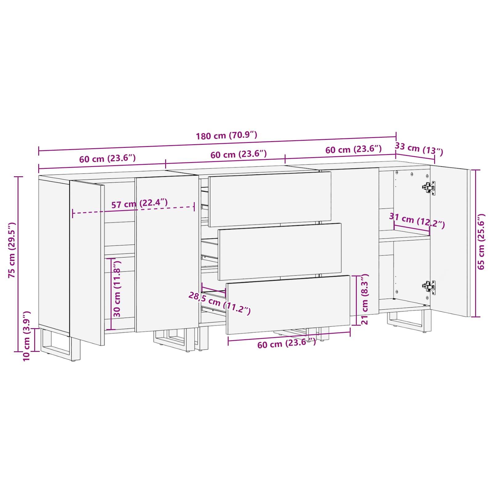 Eine Skizze eines Sideboards mit Maßen: Breite 180 cm (70,9"), Tiefe 60 cm (23,6"") und Höhe 75 cm (29,5""). Enthält Regale und Schubladen.