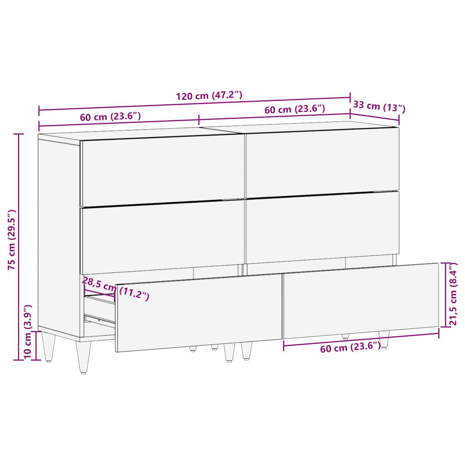 Eine Kommode mit sechs Schubladen, misst 120 cm breit, 75 cm hoch und 40 cm tief. Die unterste Schublade, geöffnet, ist 27,5 cm hoch.