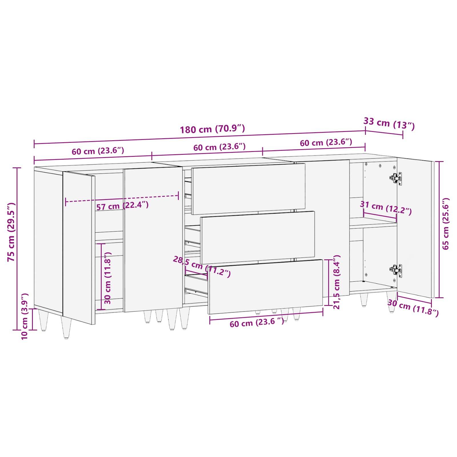 Sideboardzeichnung mit Maßangaben: Breite 180 cm (70,9