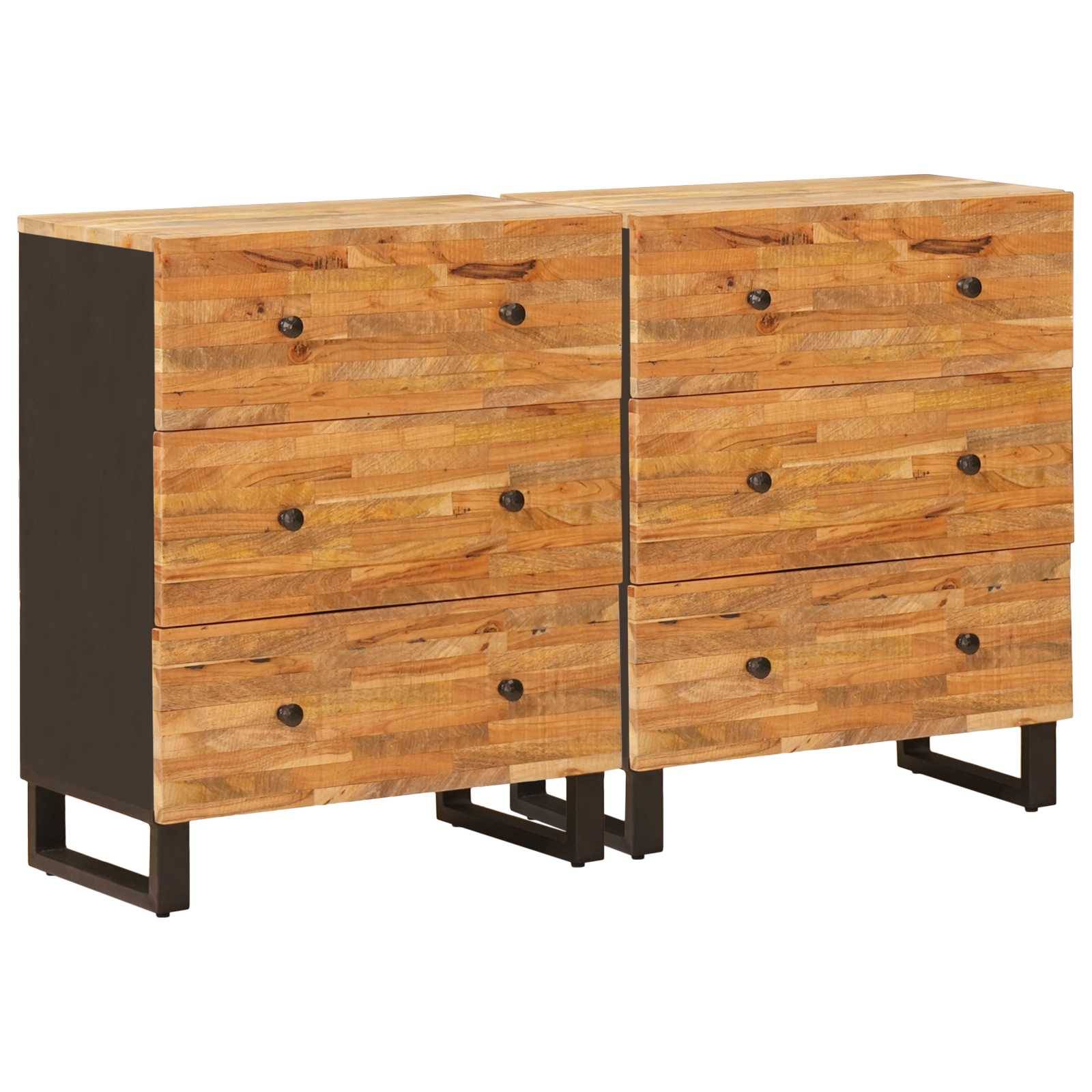 Ein Holz-Doppelkommode mit sechs Schubladen und schwarzen Metallfüßen, die eine natürliche Oberfläche und ein minimalistisches Design präsentiert.