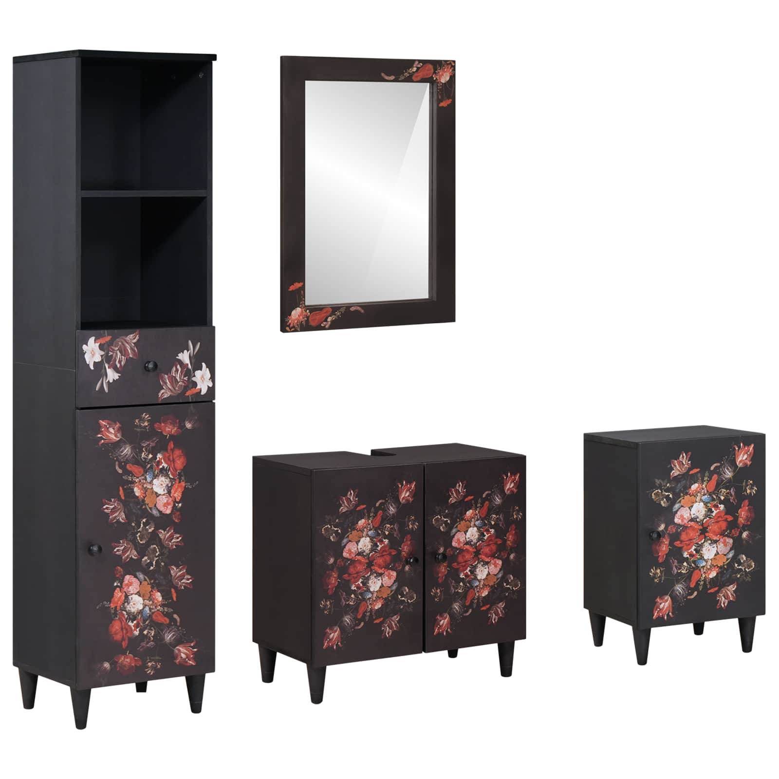 Badmöbel-Set mit Blumenmustern auf schwarzen Oberflächen, bestehend aus einem hohen Schrank, Spiegel, Waschbeckenunterschrank und einem kleinen Schrank.
