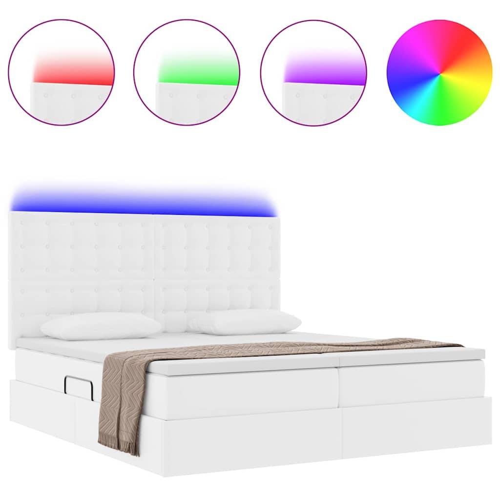 Weißes Bett mit gestepptem Kopfteil mit verstellbaren LED-Leuchten in Rot, Grün, Blau und Mehrfarboptionen.