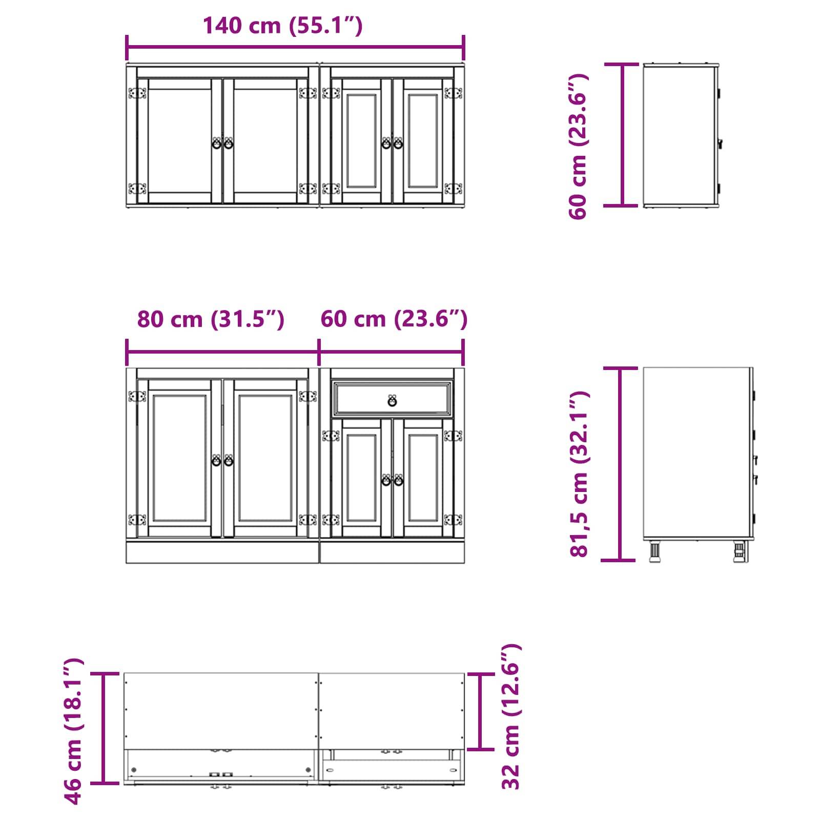 Front- und Seitenansicht eines Badezimmerwaschtischs mit Abmessungen: 140 cm (Breite), 60 cm (Höhe) und 46 cm (Tiefe). Zwei Waschbecken, Schränke und Schubladen.