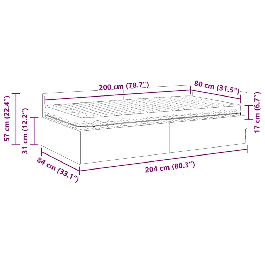 "Diagramm eines rechteckigen Bettes mit beschrifteten Abmessungen: Länge 204 cm (80,3"), Breite 84 cm (33,1"") und Höhe 31 cm (12,2"")."