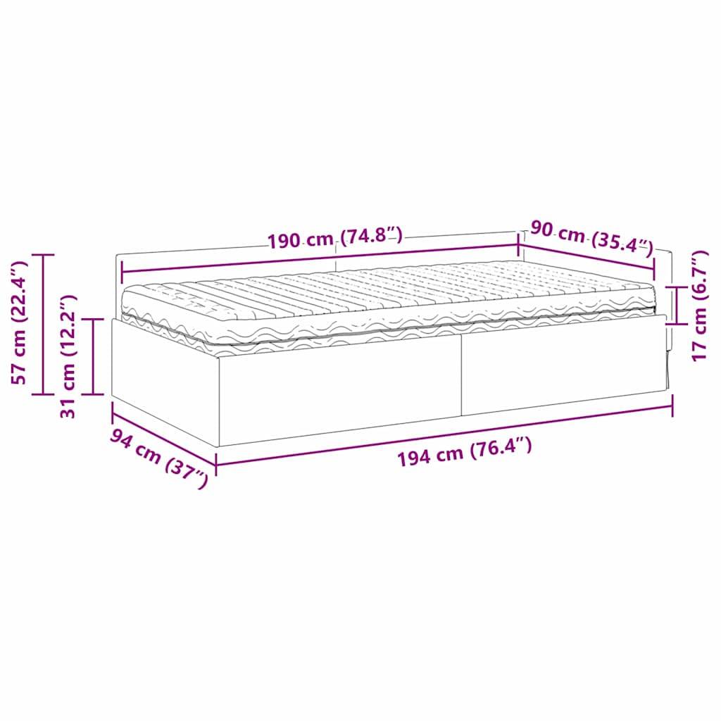 Diagramm eines Bettes mit Maßen: 190 cm Länge, 90 cm Breite, 57 cm Höhe, mit Darstellung der Maße von Matratze und Stauraum