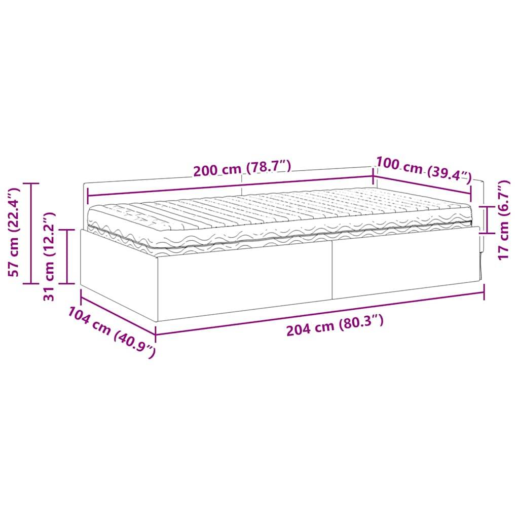 Diagramm eines Bettes mit Maßen: 204 cm Länge, 104 cm Breite, 57 cm Höhe. Matratze ist 200 cm mal 100 cm, 17 cm hoch. Bettgestell ist 31 cm hoch.