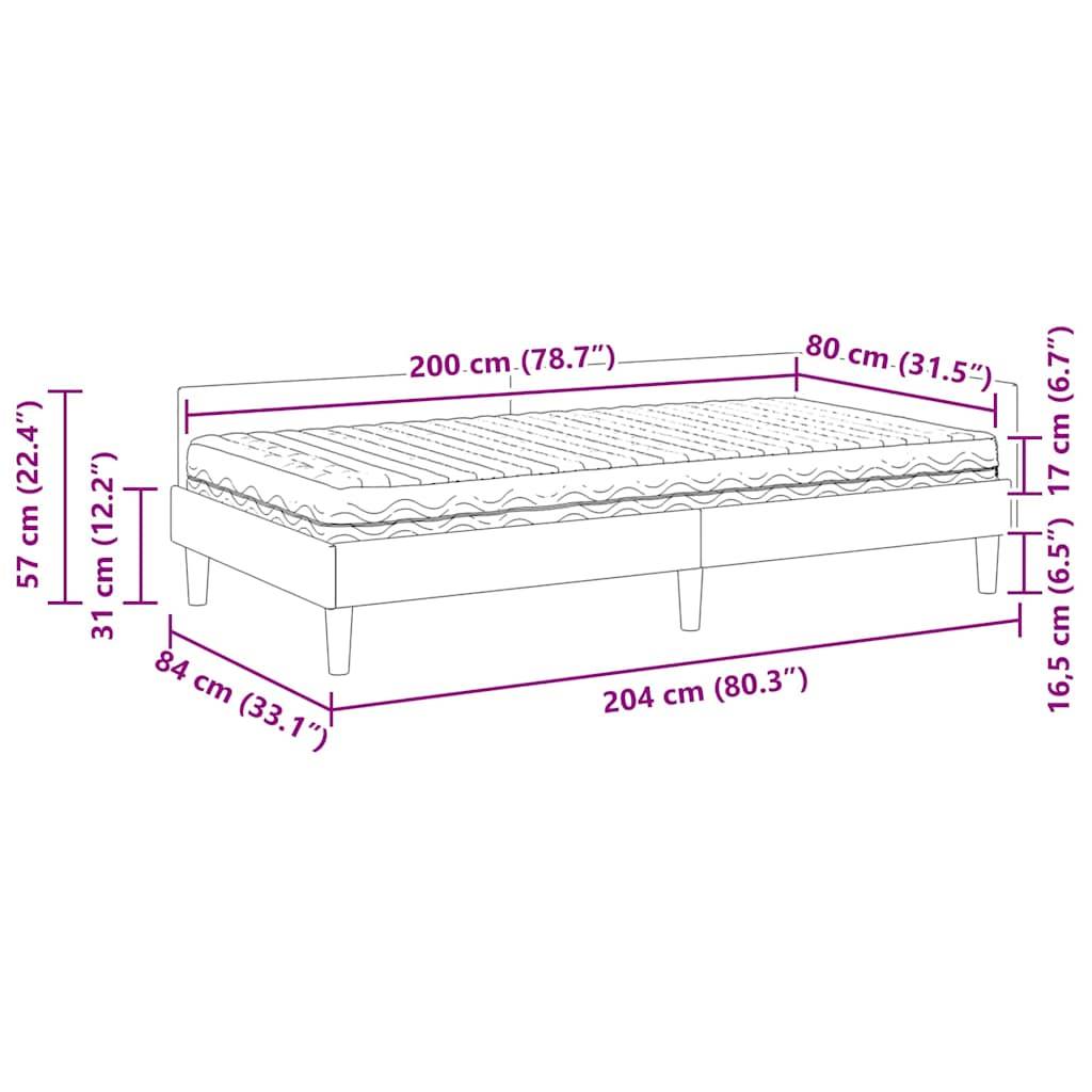 Eine Skizze eines Bettes mit Maßen. Länge: 200 cm (78,7 in), Breite: 80 cm (31,5 in), Höhe: 57 cm (22,4 in), inklusive Beine.