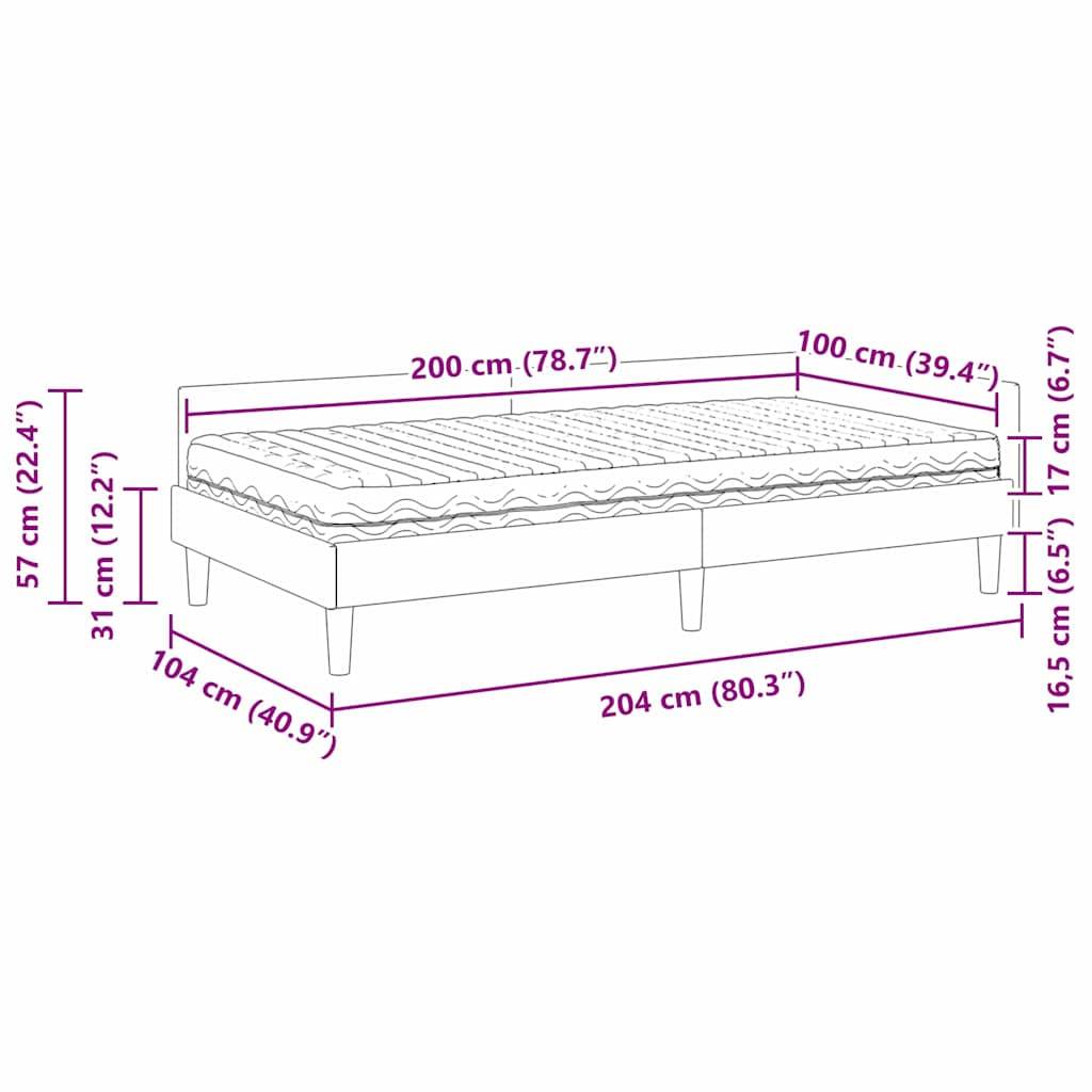 Darstellung eines Bettes mit Maßen: 200 cm Länge, 100 cm Breite, 57 cm Gesamthöhe und 31 cm Basishhöhe.