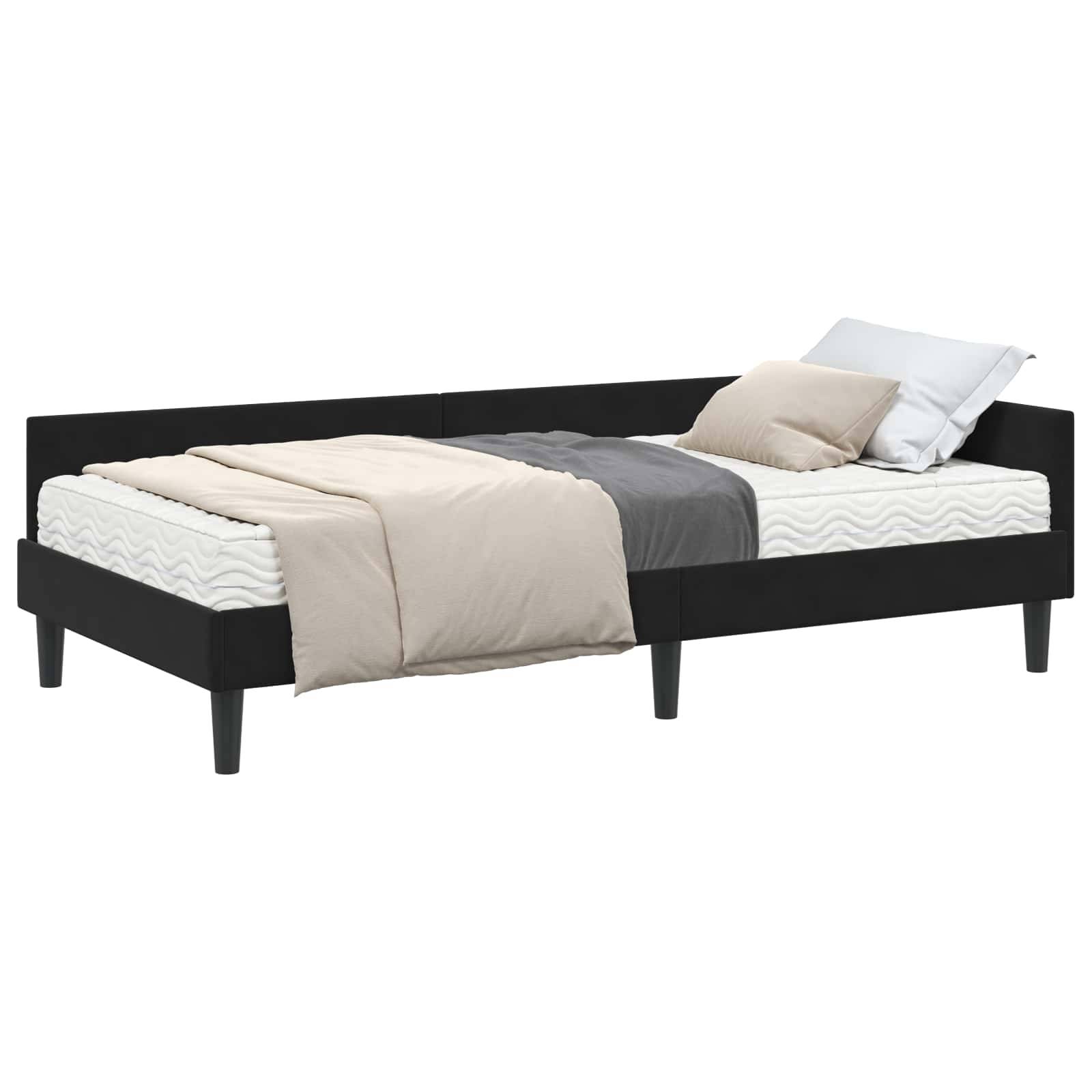 Ein schwarzes Holzbettgestell mit einer beigen und weißen Bettdecke und einem hellgrauen Kissen, das ein minimalistisches und modernes Design zur Schau stellt.