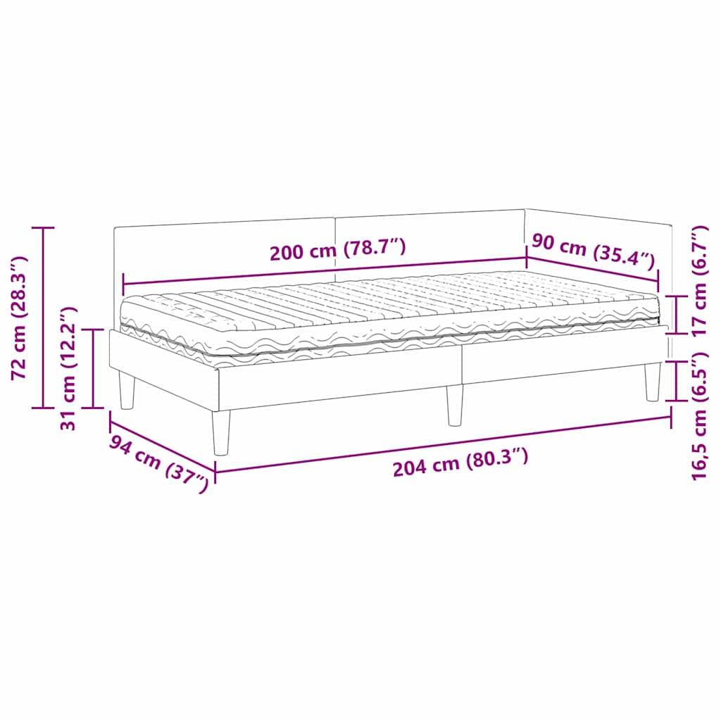 Tagesbett mit Abmessungen: 204 cm (Länge), 94 cm (Breite), 72 cm (Höhe) und Matratzengröße 200 cm mal 90 cm.