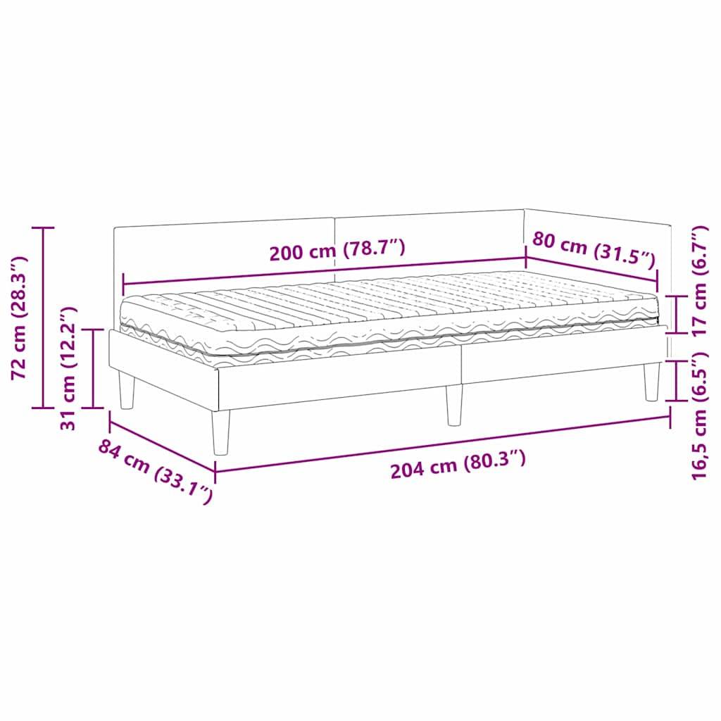 Eine Skizze eines Bettes mit beschrifteten Abmessungen: 200 cm Länge, 80 cm Breite, 72 cm Höhe. Zusätzliche Details zeigen untere Abschnitte bei 16,5 cm und 17 cm.
