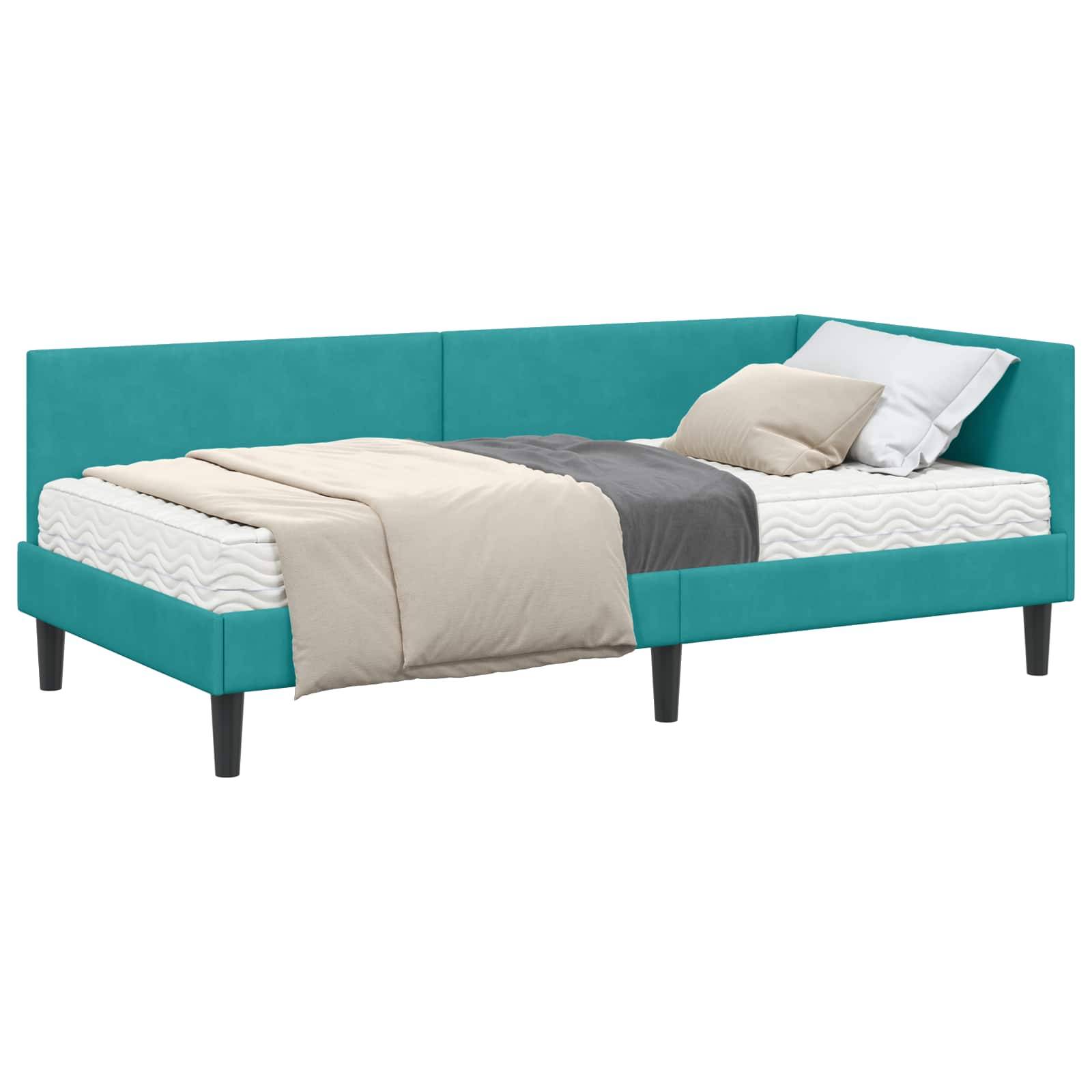 Teal-farbenes Schlafsofa mit Holzbeinen, in Vorderansicht dargestellt. Weiße und graue Bettwäsche mit ordentlich arrangiertem Kissen und Decken auf der Oberseite.