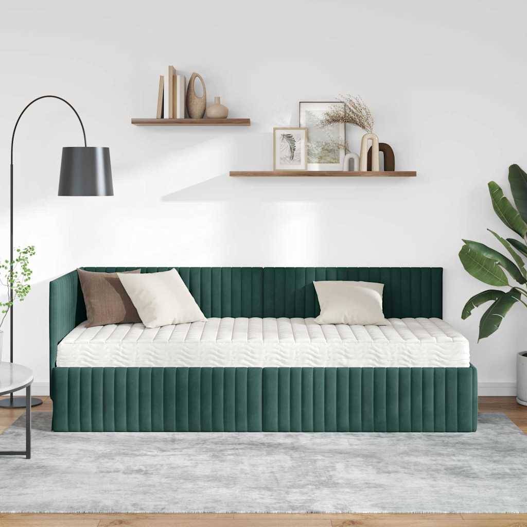 vidaXL Eckbettgestell mit Matratze mit Kopfteil 2 pcs Grün Samt