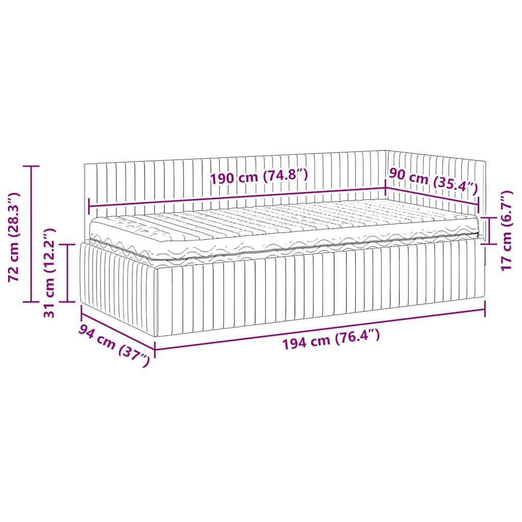 Abbildung eines Schlafcouches mit Abmessungen: 194 cm lang, 94 cm breit, 72 cm hoch. Matratzengröße: 190 cm x 90 cm x 17 cm.