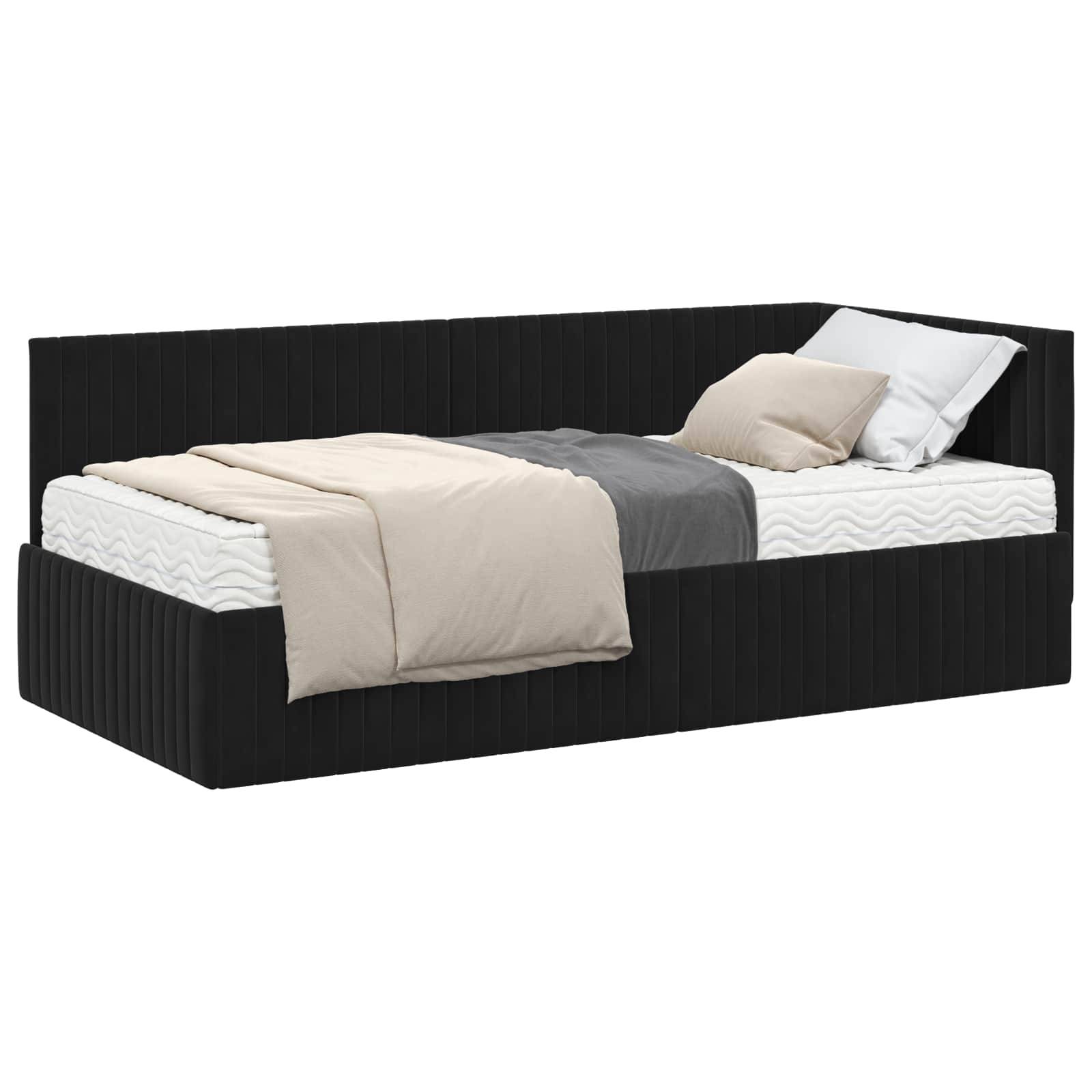 Ein schwarzes Tagesbett mit weißer Matratze, beige und grauer Bettwäsche und einem Kissen, entworfen für minimalistisches Design und platzsparende Funktionalität.