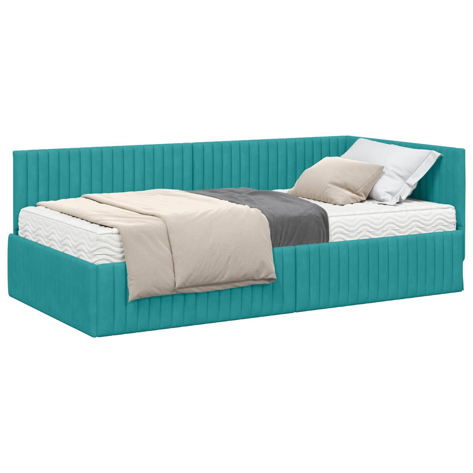 Ein türkisfarbenes gepolstertes Tagesbett mit einer Matratze, grau-beigen Bettwäsche und Kissen, konzipiert für ein modernes Schlafzimmerambiente.