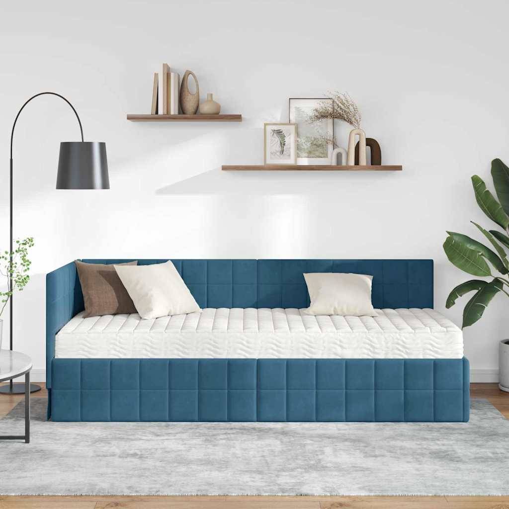 vidaXL Eckbettgestell mit Matratze mit Kopfteil 2 pcs Blau Samt