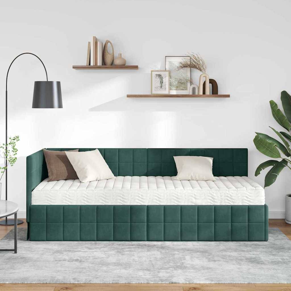 vidaXL Eckbettgestell mit Matratze mit Kopfteil 2 pcs Grün Samt