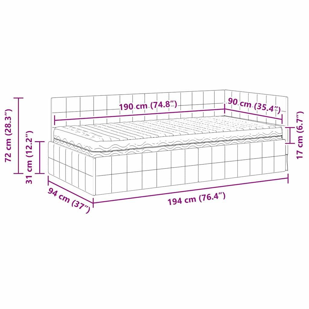 Tagesbett-Abmessungen: 94 cm Breite, 72 cm Rückenhöhe, 31 cm Sitzhöhe, 194 cm Länge. Matratze: 190 cm x 90 cm, 17 cm hoch.