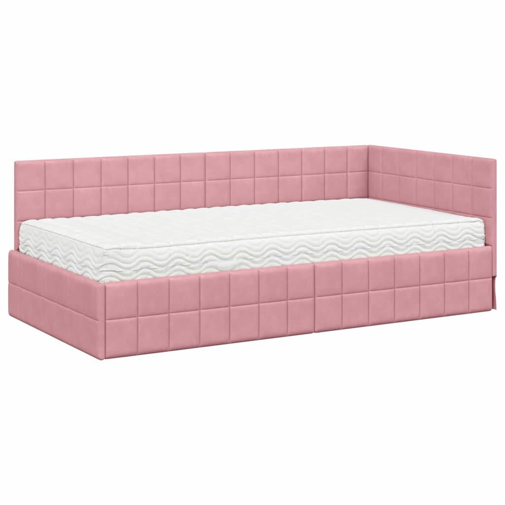 Ein rosa gepolstertes Ecktagebett mit einer weißen Matratze, das ein getuftetes Schachbrettmuster auf seinem Rahmen aufweist.