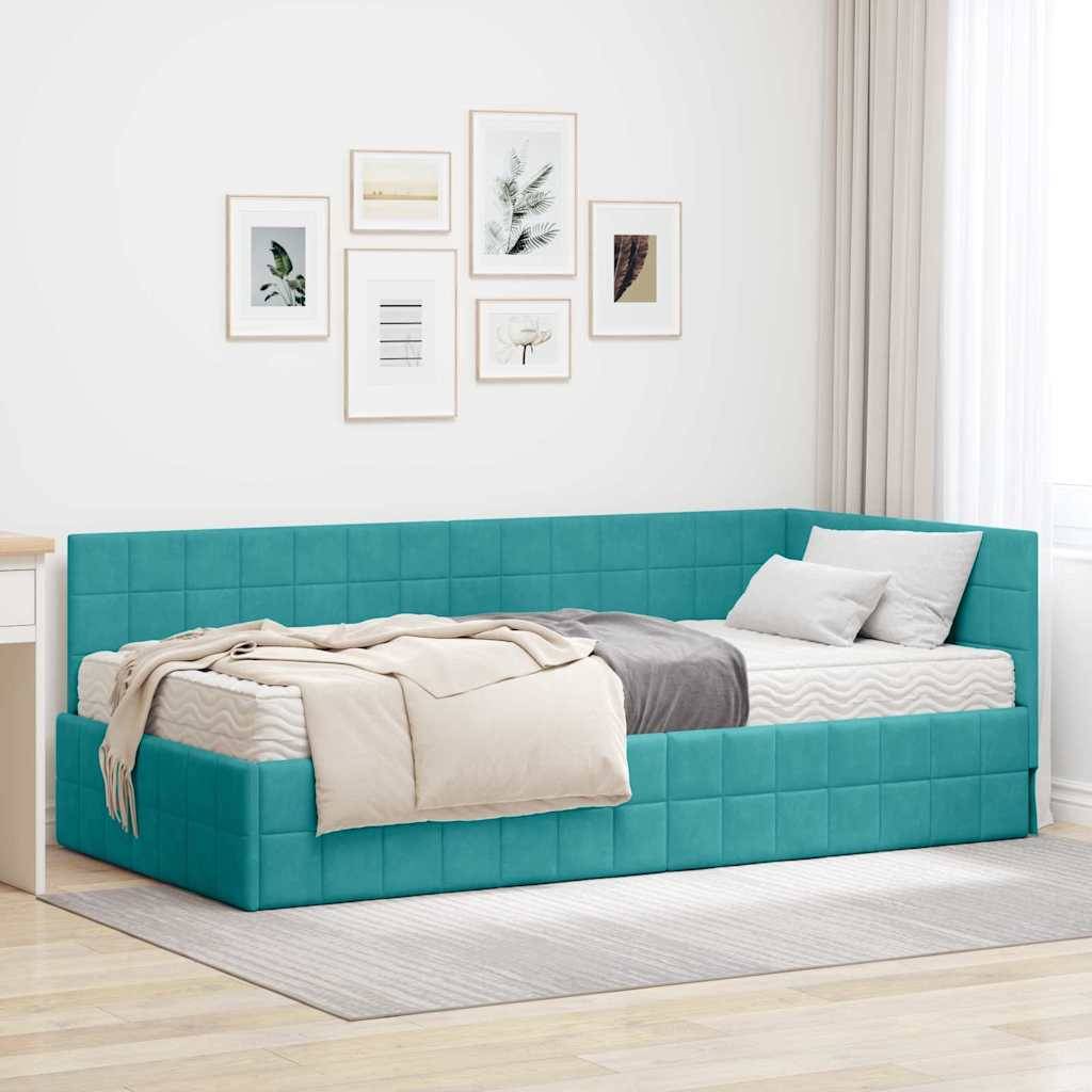 vidaXL Eckbettgestell mit Matratze mit Kopfteil 2 pcs Türkis Samt