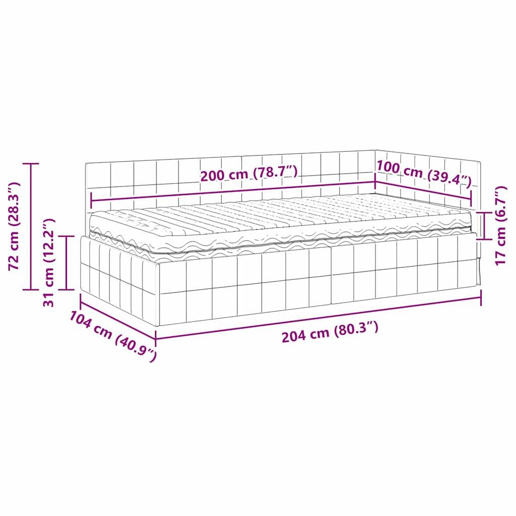 Linienzeichnung eines Bettes mit umgebenden Abmessungen: 204 cm lang, 104 cm breit, 72 cm hoch, mit einer fliesenartigen Mustergestaltung.