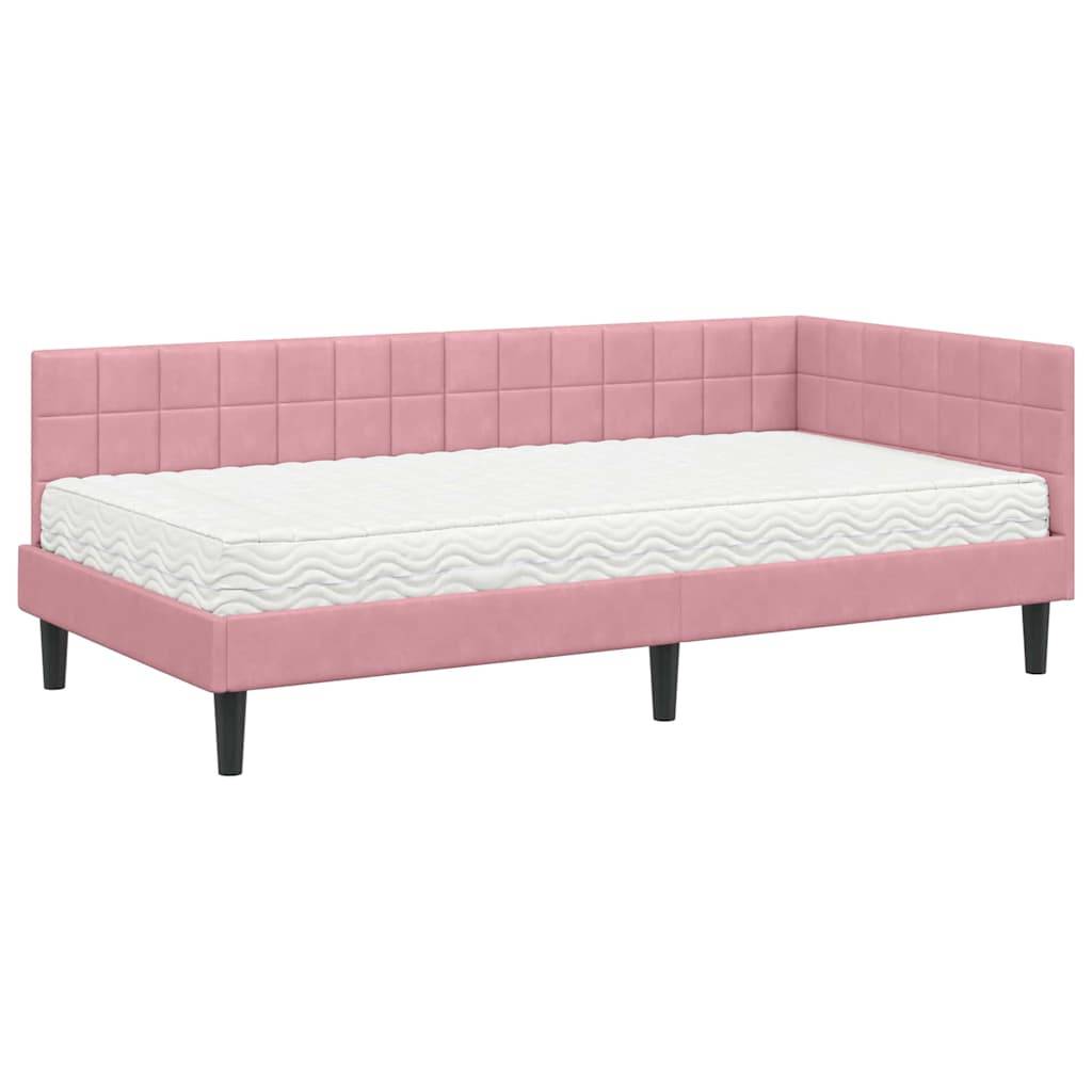 Pinke getuftete Tagesliege mit Matratze, ausgestattet mit einer Eckreckenlehne und schwarzen Beinen. Geeignet zum Entspannen oder als Gästebett.