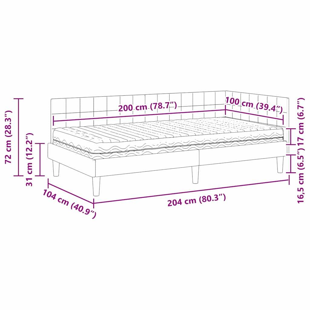 Technische Zeichnung eines Bettes mit Maßen: 200 cm (78,7") Breite, 100 cm (39,4"") Tiefe, 72 cm (28,3"") Höhe. Die Matratze ist 17 cm (6,7"") dick.